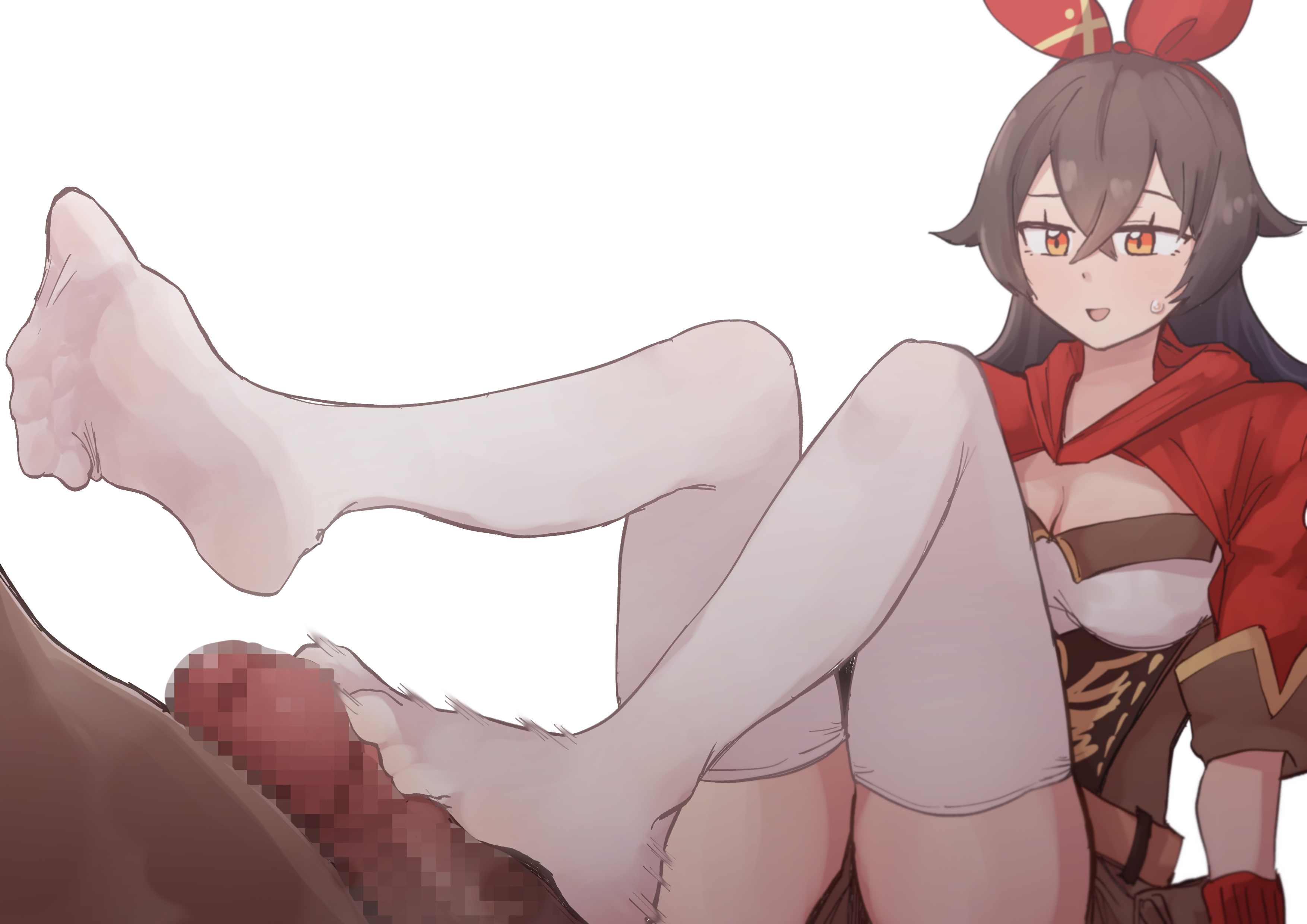 amber (genshin impact), brown hair, censored, feet, female, foot fetish, footjob, footwear, genshin impact, legwear