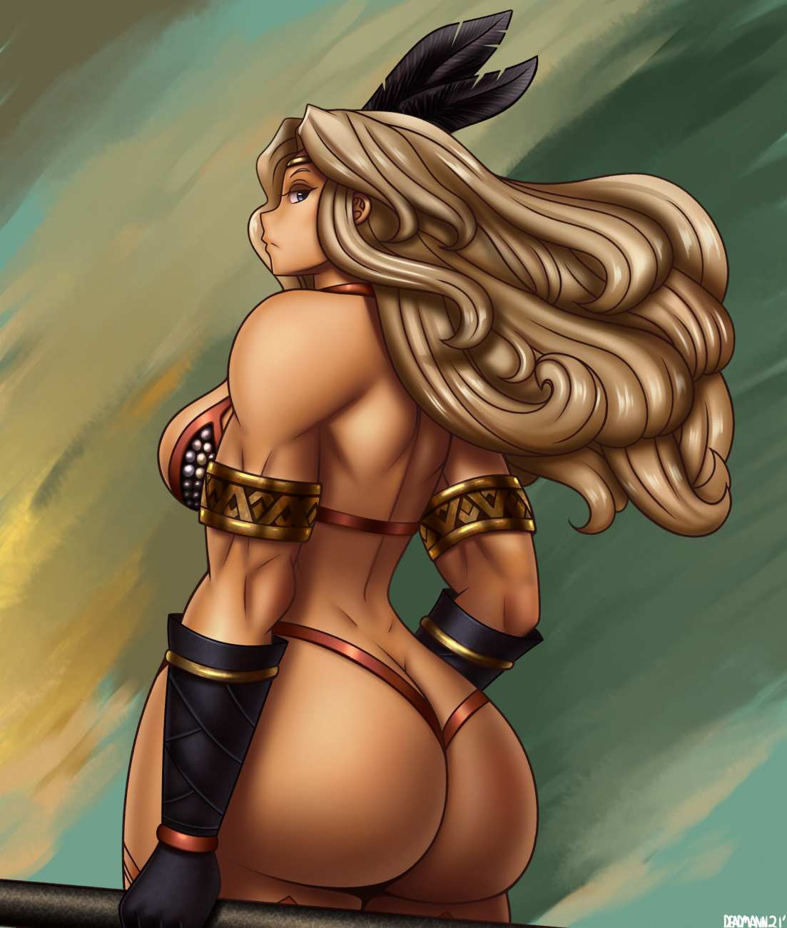 1girls, amazon (dragon's crown), armband, ass, athletic, athletic female, back view, big ass, blonde hair, dragon's crown, female, female only, light skin, light-skinned female, long hair, looking back, muscular, muscular female, walkingdeadmann