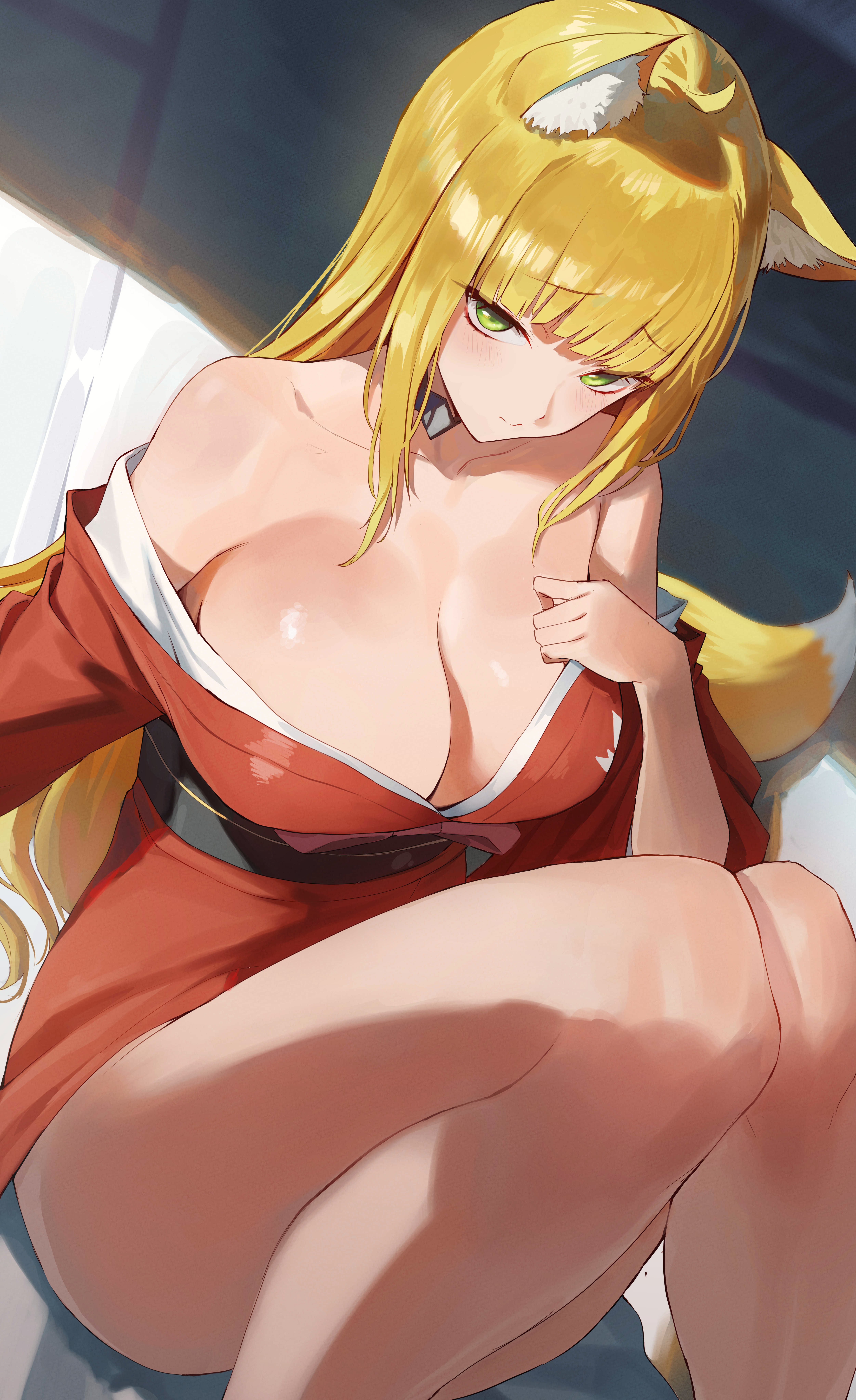 1girls, arms, big breasts, blonde hair, blunt bangs, breasts, cleavage, collarbone, dungeon ni deai wo motomeru no wa machigatteiru darou ka, female, fox ears, fox girl, fox tail, green eyes, japanese clothes, kimono, large breasts, legs, rororo, sanjouno haruhime, shoulders, thighs