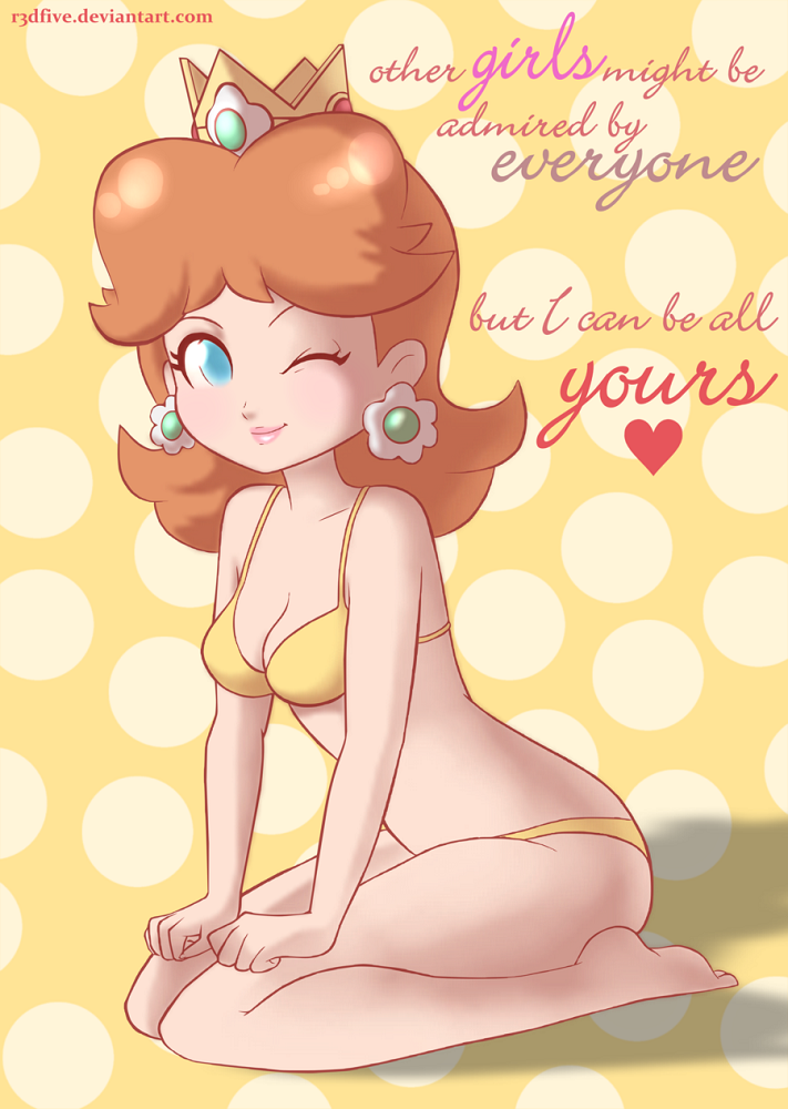 blue_eyes bra brown_hair crown ear_piercing english_text flower_earrings hands_on_legs kneeling light-skinned_female long_hair looking_at_viewer mario_(series) nintendo panties piercings polka_dot_background pose princess_daisy r3dfive smile smiling smiling_at_viewer solo solo_female solo_focus suggestive text wink winking_at_viewer yellow_background yellow_bra yellow_panties yellow_underwear