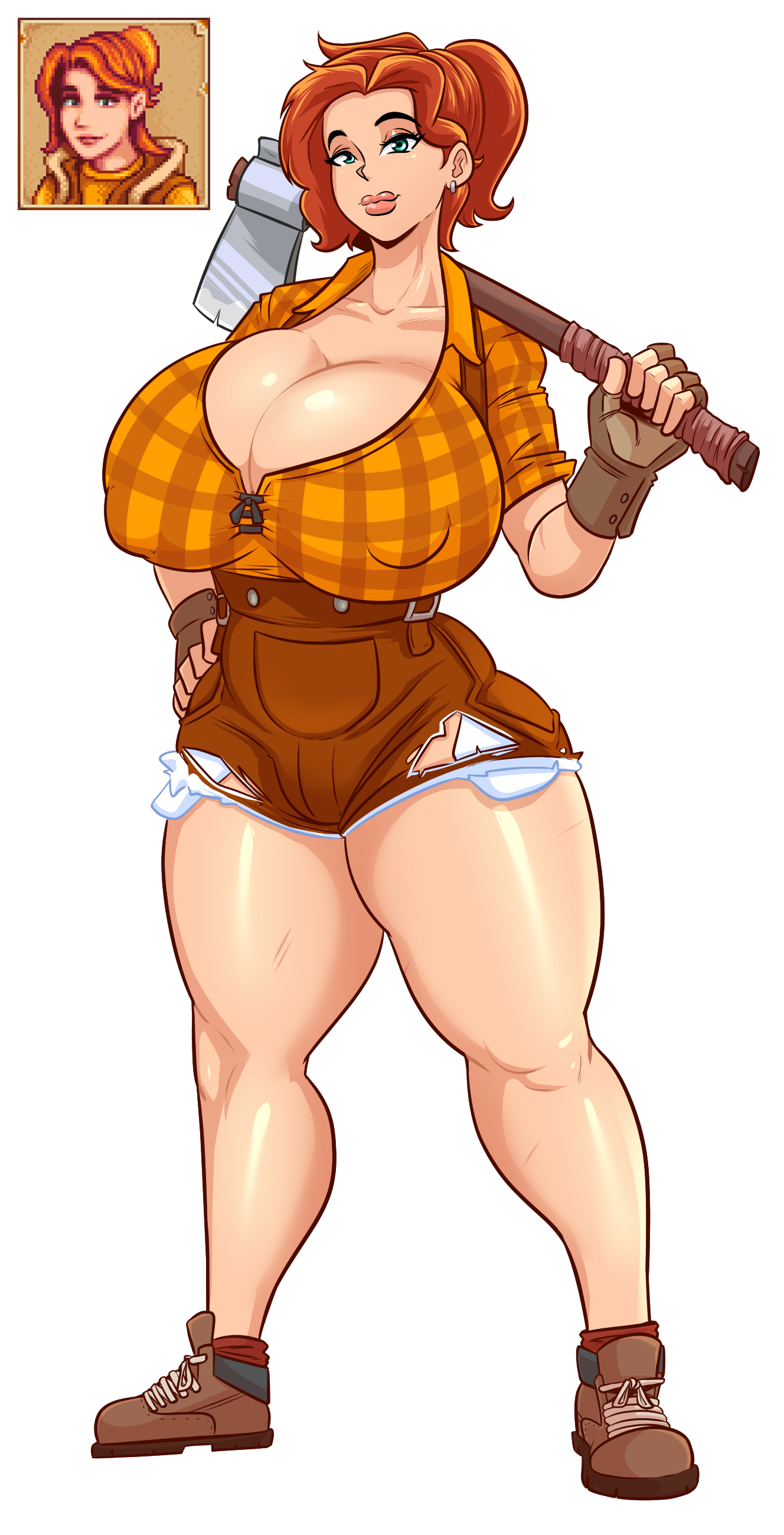 1girls, axe, big hips, big nipples, big thighs, breasts, busty, cleavage, deep cleavage, earrings, female, female only, fingerless gloves, gloves, hand on hip, holding object, huge breasts, human, human only, kogeikun, large breasts, looking at viewer, mammal, nipple outline, orange hair, overalls, red hair, robin (stardew valley), shirt, shoes, short hair, simple background, solo, solo female, standing, stardew valley, white background