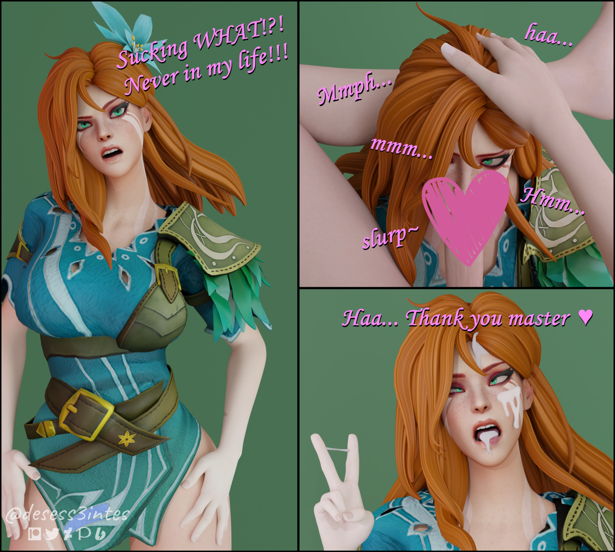 1boy, 1girls, 3d, ahe gao, angry, angry face, blender, blender (software), blender cycles, blowjob, clothed, clothed female nude male, clothed sex, comic, desess3intes, dialogue, dota 2, face fucking, facial, fellatio, female, forced, forced oral, green eyes, hand on another's head, instant loss, instant loss 2koma, male, moaning, naughty face, oral, oral penetration, oral sex, peace sign, red hair, redhead, rolling eyes, slurp, sucking, windranger