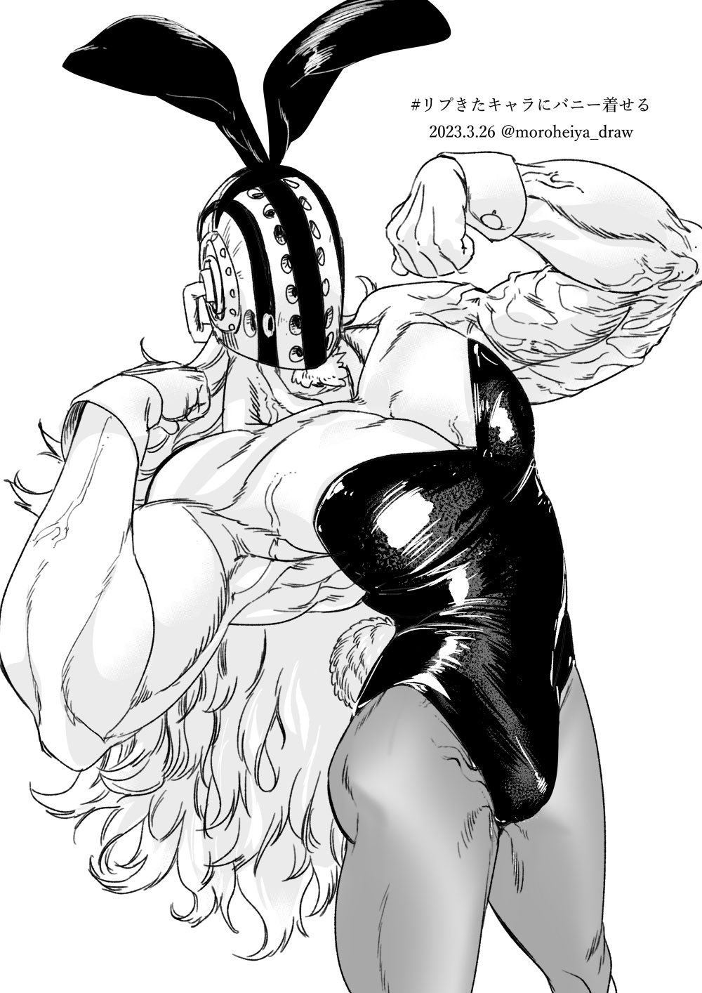 bara big_pecs bulge bunny_boy bunny_ears bunny_tail bunnysuit cleavage crossdressing flexing helmet killer_(one_piece) long_hair long_hair_male male male_only male_playboy_bunny mask masked masked_male monochrome moroheiya_draw muscular muscular_male one_piece pantyhose pecs solo veiny_muscles very_long_hair wrist_cuffs