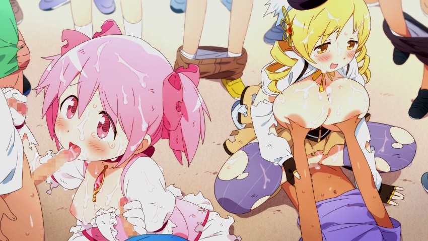 2girls, big breasts, blowjob, blush, blush lines, breasts, bukkake, censored, cowgirl position, cum, cum in mouth, cum on breasts, cum on face, drill hair, exposed breasts, female, gloves, hand on breast, handjob, madoka kaname, magical girl, mahou shoujo madoka magica, male, multiple boys, multiple males, multiple penises, nipples, pants down, penis, pink eyes, pink hair, pink ribbon, ribbons, riding, semen on body, semen on hair, sex, size difference, straight, tomoe mami, tongue, tongue out, torn legwear, twintails, unseen male face, yellow eyes, yellow hair, young