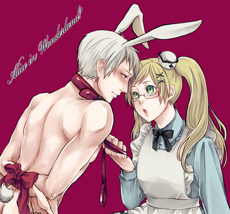 1boy 1girls alice_in_wonderland alice_liddell arms_behind_back arms_tied arms_tied_behind_back arthur_kirkland axis_powers_hetalia blonde_female blonde_hair blush bondage bunny_ears clothed_female_nude_male collar cosplay crossover england_(hetalia) face-to-face female femdom genderswap_(mtf) gilbert_weillschmidt glasses green_eyes hands_tied_behind_back leash leash_and_collar leash_pull male malesub nude_male_clothed_female nyo!england nyotalia prussia_(hetalia) rabbit_ears rule_63 shirtless the_white_rabbit twintails white_hair white_rabbit_(wonderland)