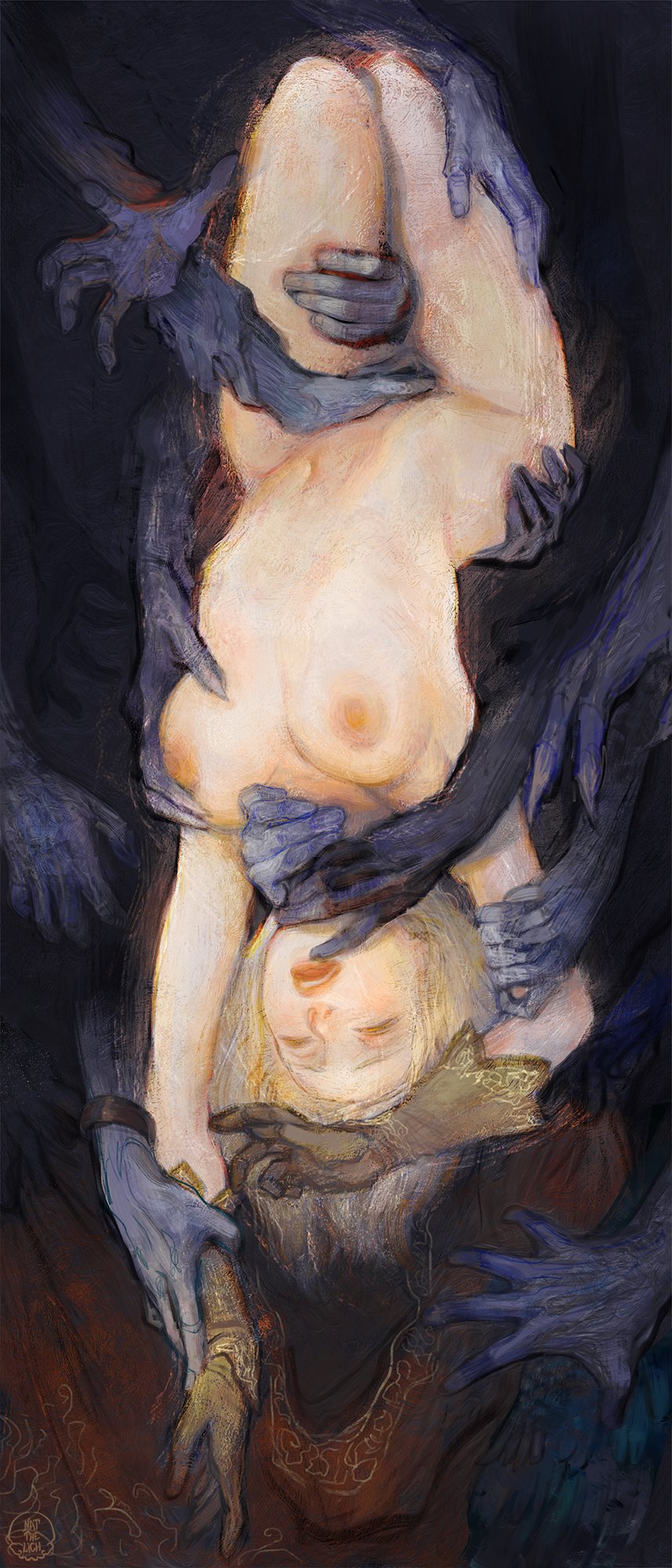 1girls blonde_hair breasts elden_ring eyes_closed female female_only fromsoftware groping groping_breasts mouth_open natthelich nude painting_(artwork) roderika_(elden_ring) upside-down