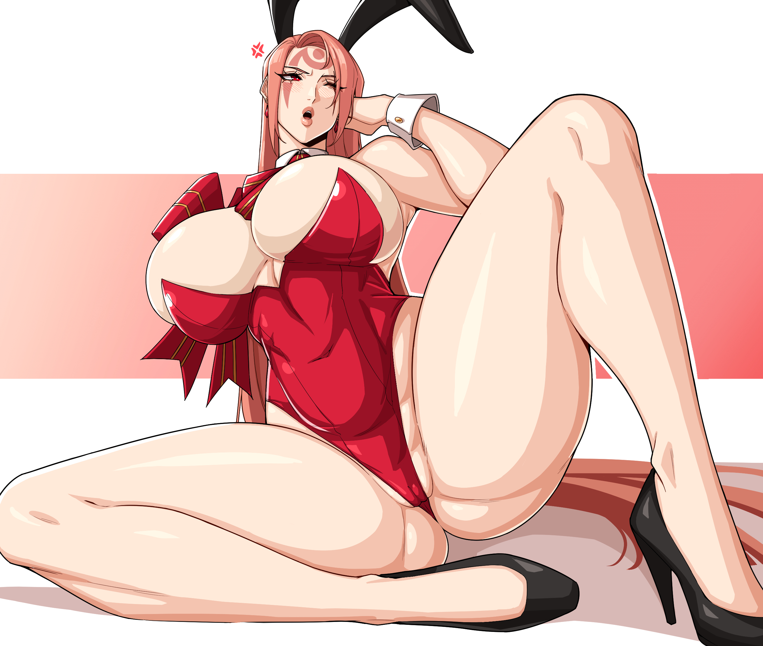 alecto 0, baiken, big breasts, breasts, bunnysuit, cameltoe, female, guilty gear, high heels, pink hair, pussy, spread legs, thick thighs