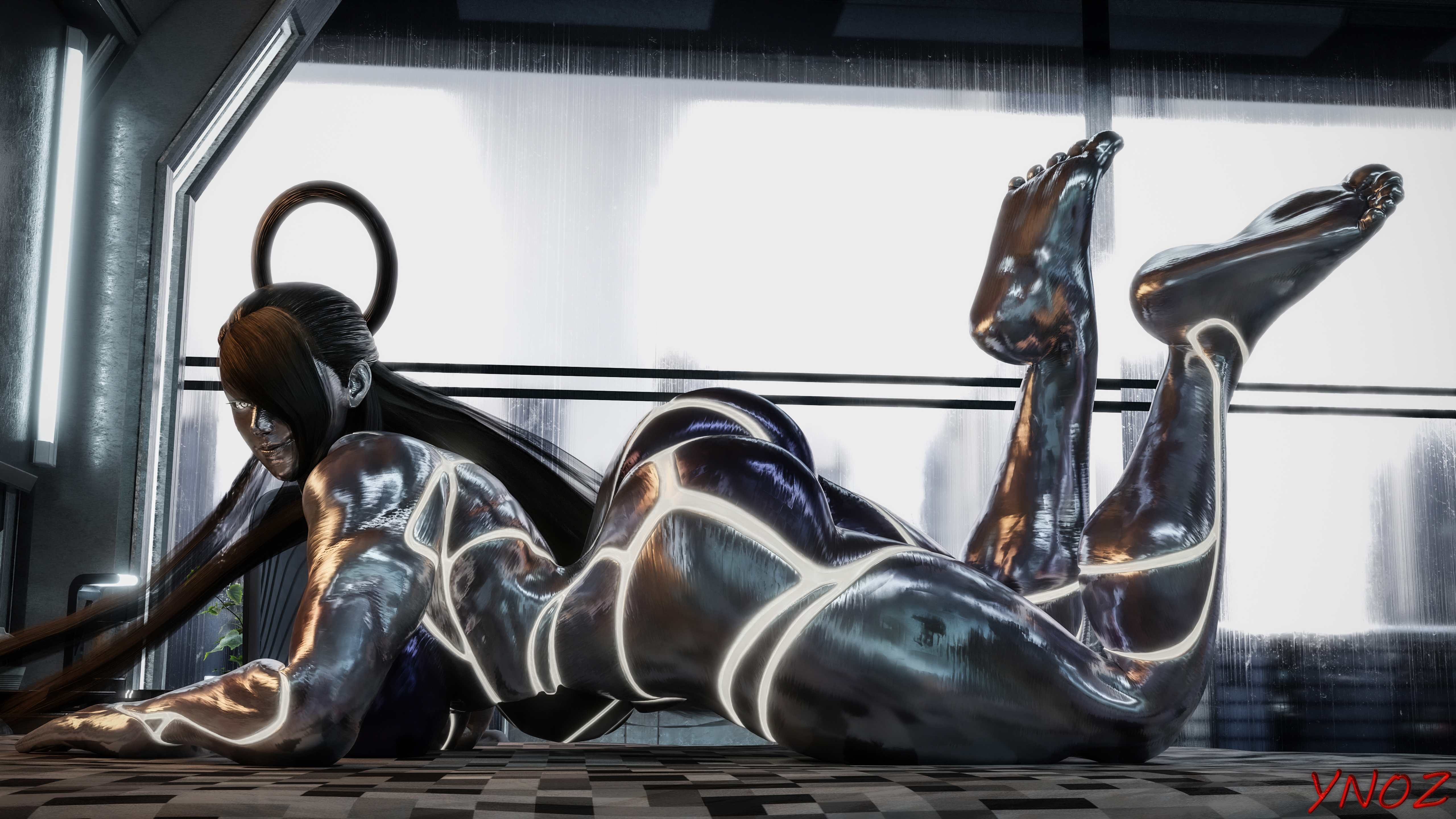 1girls, 3d, 3d (artwork), ass, evil smile, feet, feet up, female, female only, long hair, muscular, muscular female, robot, robot girl, seth (doll unit 0), seth (street fighter), shiny skin, soles, solo, street fighter, street fighter v, toes, ynoz