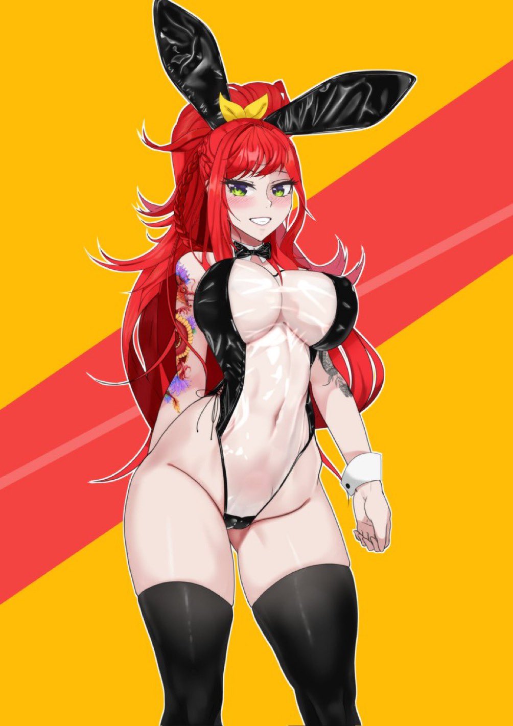 1girls belly_button big_breasts blush bunny_ears bunnysuit elly_(vtuber) fake_animal_ears fake_rabbit_ears female female_only green_eyes happy indie_virtual_youtuber leotard light-skinned_female light_skin ponytail red_hair revealing_clothes revydraws see-through_clothing solo tattoo tattooed_arm translucent_clothing transparent_bunnysuit virtual_youtuber