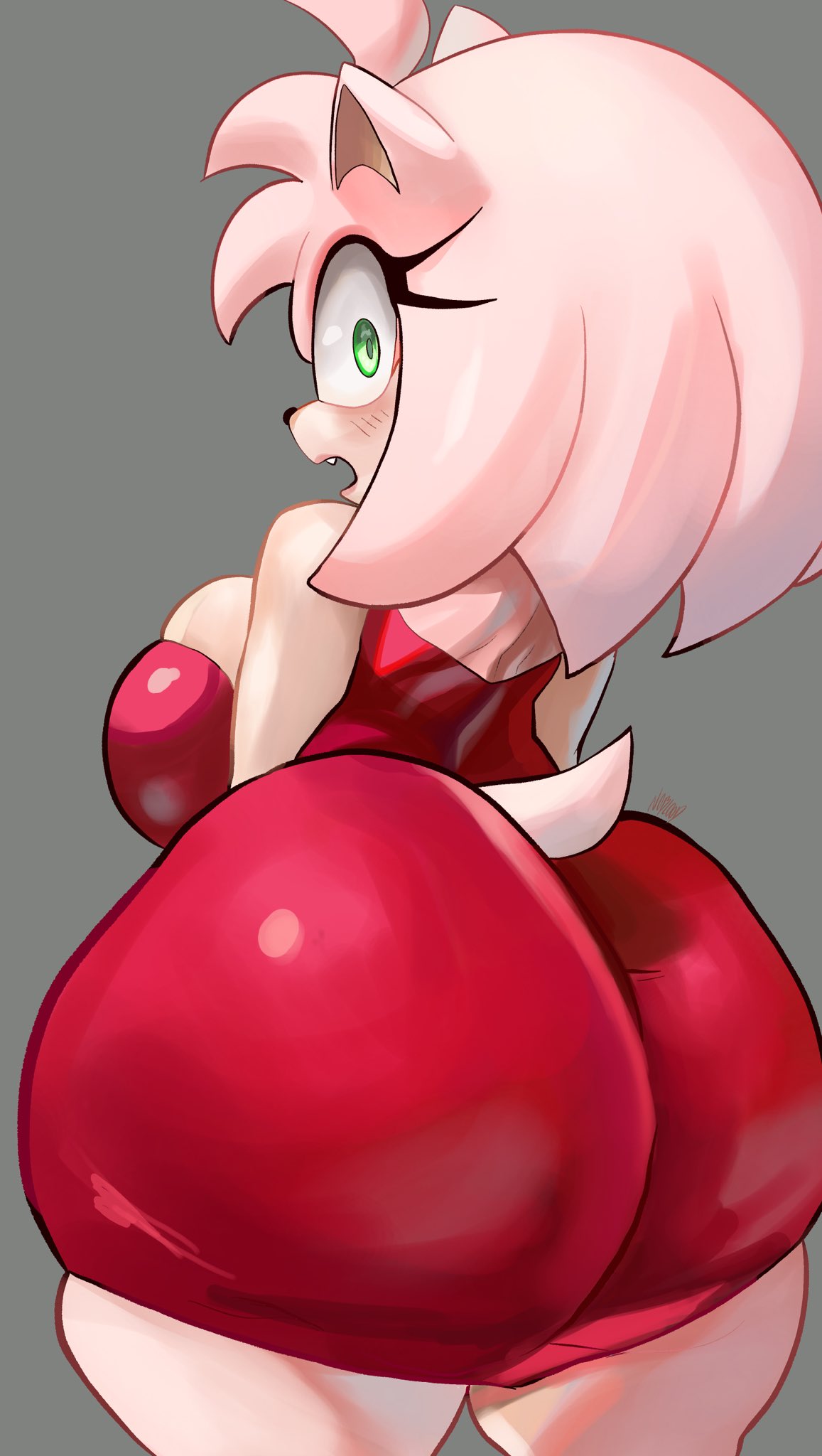 1girls, 2023, amy rose, anthro, ass, ass focus, back view, big ass, big breasts, big butt, breasts, bubble ass, bubble butt, fat ass, fat butt, female, female focus, female only, grey background, huge ass, huge butt, noblood, ryandomonica, sega, sonic (series), thick ass, thick thighs, thighs