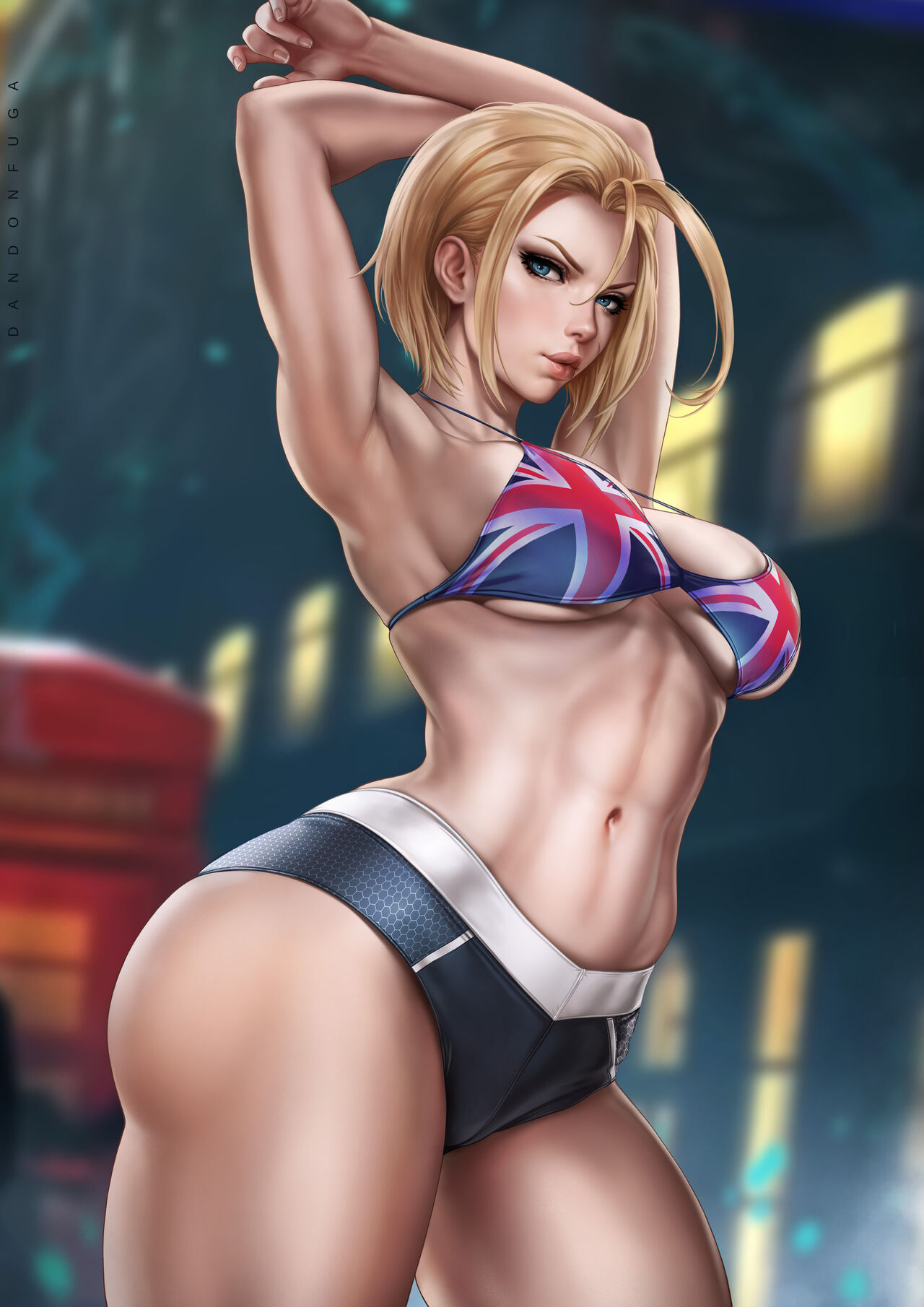 1girls, abs, absurd res, absurdres, arched back, arm up, arms up, athletic, athletic female, big breasts, blonde hair, blue eyes, breasts, british, british female, busty, cammy stretch, cammy white, capcom, child bearing hips, cleavage, curvaceous, curvy, curvy figure, dandon fuga, facial scar, female, female only, fit, fit female, fully clothed, high resolution, highres, hips, large breasts, large filesize, light skin, light-skinned female, looking at viewer, navel, scar, scar on face, shaved armpit, short hair, shorts, shoulder length hair, solo, solo female, solo focus, stomach, street fighter, street fighter 6, stretching, thick, thick female, thick thighs, thighs, toned, toned body, toned female, toned stomach, union jack, union jack bikini, very high resolution, voluptuous, voluptuous female