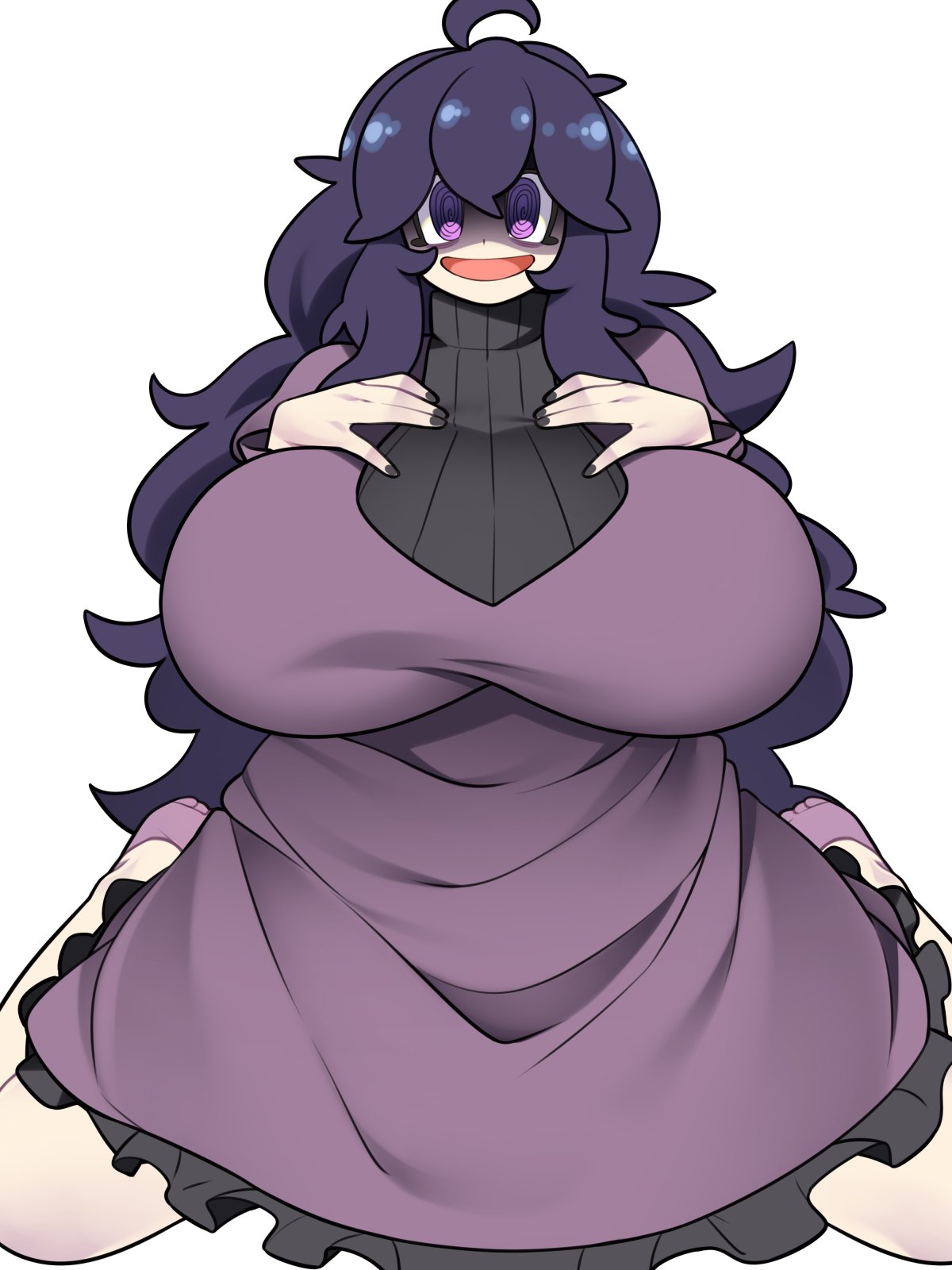 1girls, alternate version available, bellupup, big breasts, black nail polish, black nails, breasts, clothing, dress, female, female only, game freak, hair, hands on breasts, hex maniac, huge breasts, large breasts, long hair, nail polish, nails, pokemon, pokemon xy, purple dress, purple eyes, purple hair, solo, solo female