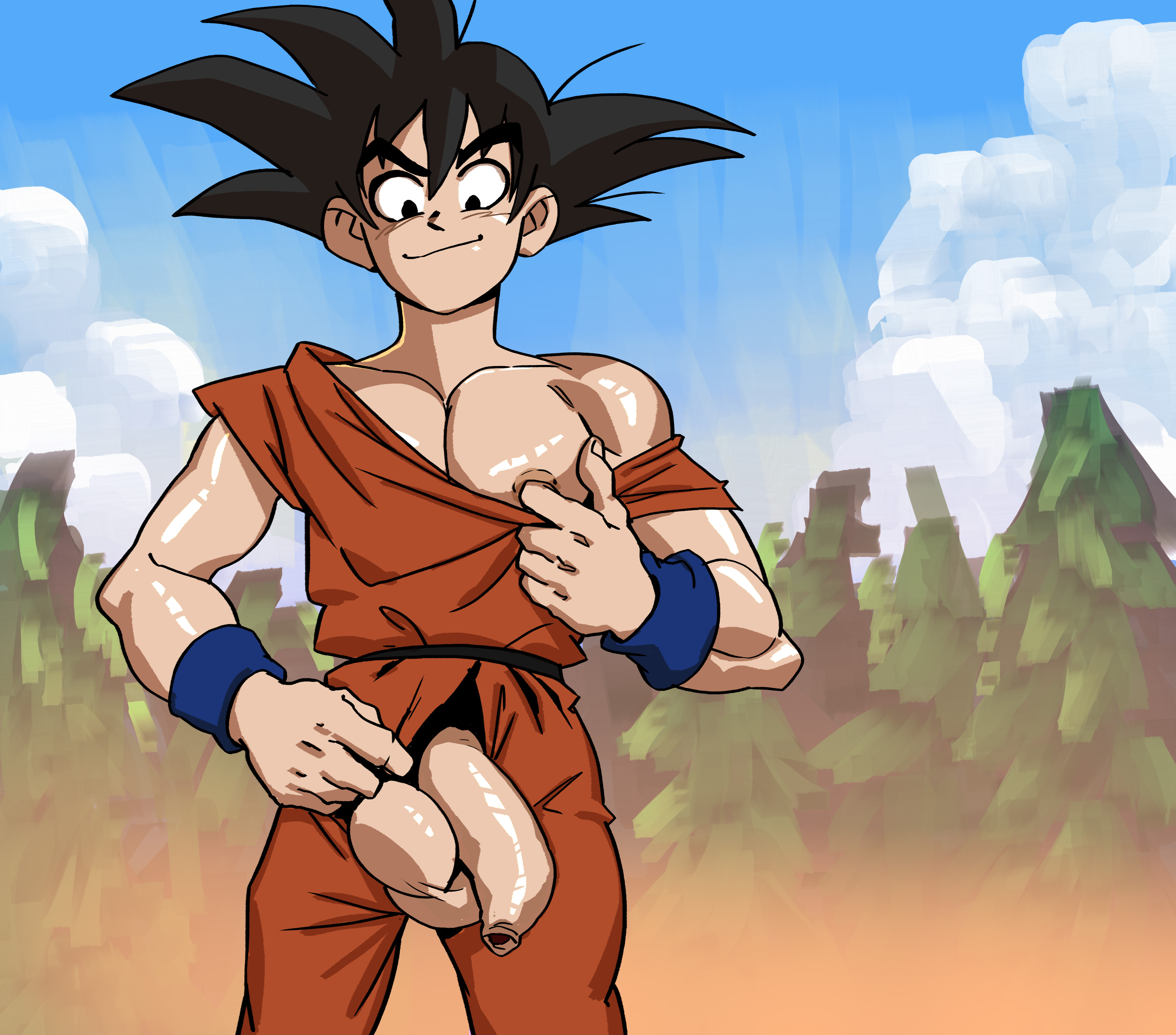 anma, balls, big balls, big penis, black hair, dragon ball, dragon ball z, foreskin, foreskin overhang, hairless balls, hairless penis, long foreskin, male, male only, muscles, muscular, penis, penis out, saiyan, shaved balls, shaved crotch, solo, solo male, son goku, uncircumcised, undressing, unretracted foreskin