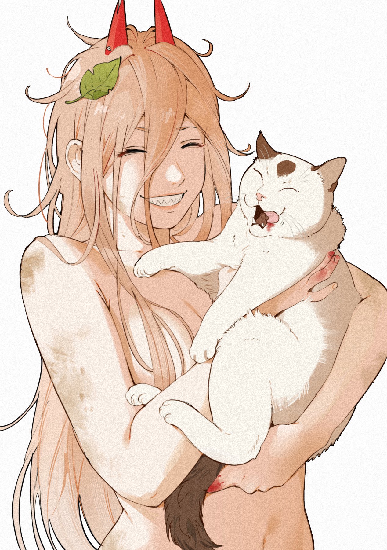 2girls, blonde hair, breasts, chainsaw man, completely nude, convenient censoring, female, female only, giganticbuddha, hair over breasts, happy, mappa, meowy (chainsaw man), nude, power (chainsaw man), smile, wholesome