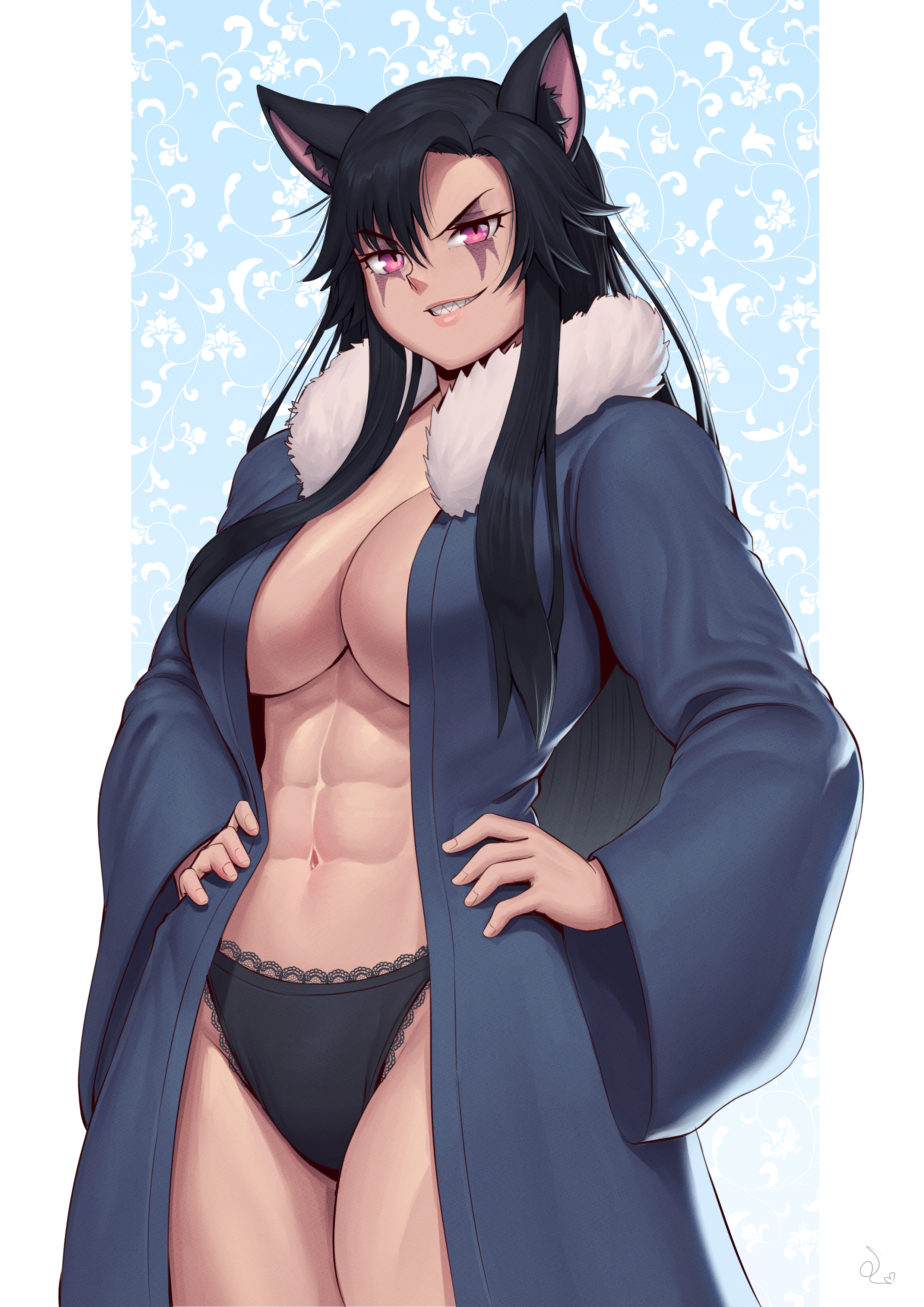 1girls, abs, absurd res, animal ears, bare legs, black panties, blue jacket, breasts, cat ears, cat girl, cleavage cutout, clothing cutout, commission, facial tattoo, female, fur trim, fur-trimmed jacket, hair over breasts, hand on hip, hi res, jacket, large breasts, long hair, muscular, muscular female, navel, no bra, open clothes, open jacket, original, original character, panties, pink eyes, sharp teeth, signature, slit pupils, smile, speedl00ver, tattoo, underboob, underwear, v-shaped eyebrows