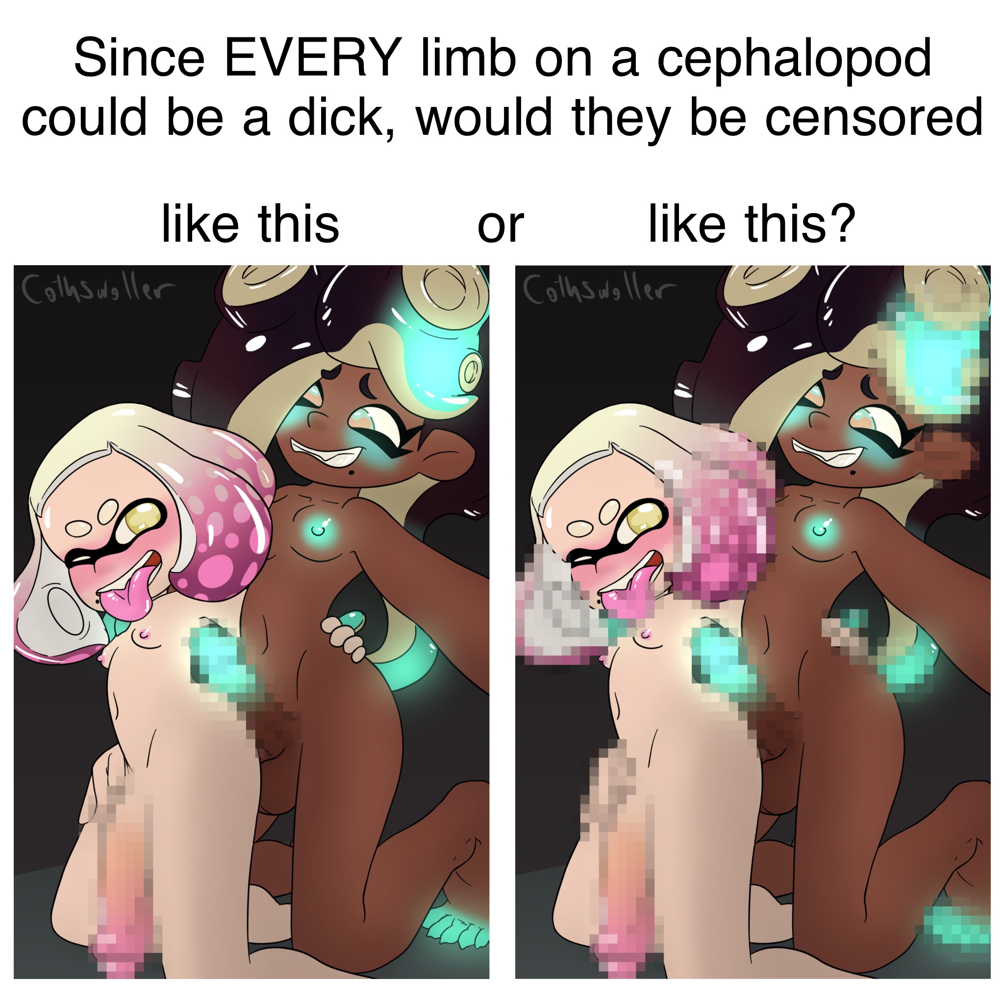 2futas, big penis, breasts, censored, censored genitalia, censored penis, completely nude, cothswoller, dark skin, dark-skinned futa, duo, flaccid, futa only, futanari, humanoid, humanoid penis, inkling, intersex, kneeling, light skin, light-skinned futa, marina (splatoon), meme, mosaic censoring, nude, nude futa, octoling, pale skin, pearl (splatoon), penis, splatoon, splatoon (series), splatoon 2