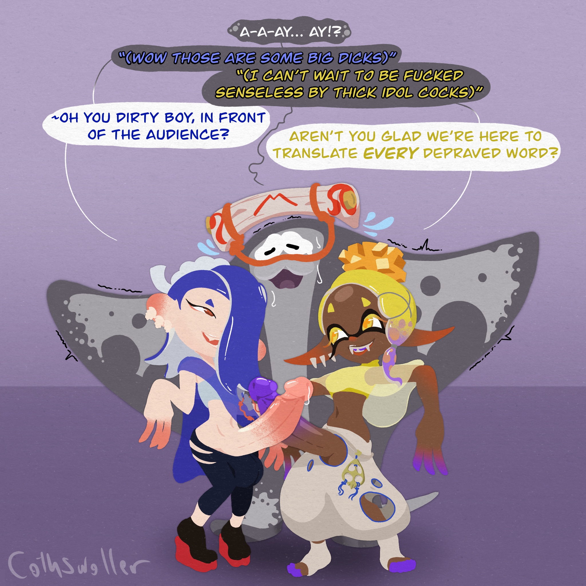 1boy, 2futas, balls, big balls, big man (splatoon), breasts, casual, clothed, clothing, cothswoller, dark skin, dark-skinned futa, dialogue, english text, erection, frye (splatoon), futa on male, futadom, futanari, huge cock, humanoid, humanoid penis, inkling, intersex, light skin, light-skinned futa, male, malesub, mostly clothed, multiple doms, multiple doms one sub, multiple futa, nintendo, octoling, pale skin, penis, shiver (splatoon), splatoon, splatoon (series), splatoon 3, standing, text