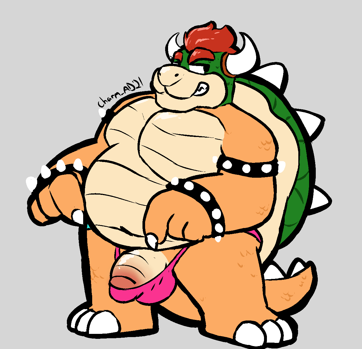 1boy anthro anthro_only bowser charmcharmcharm clothing genitals gesture hi_res ineffective_clothing koopa male male_only mario_(series) nintendo penis pointing pointing_at_penis scalie solo thong underwear