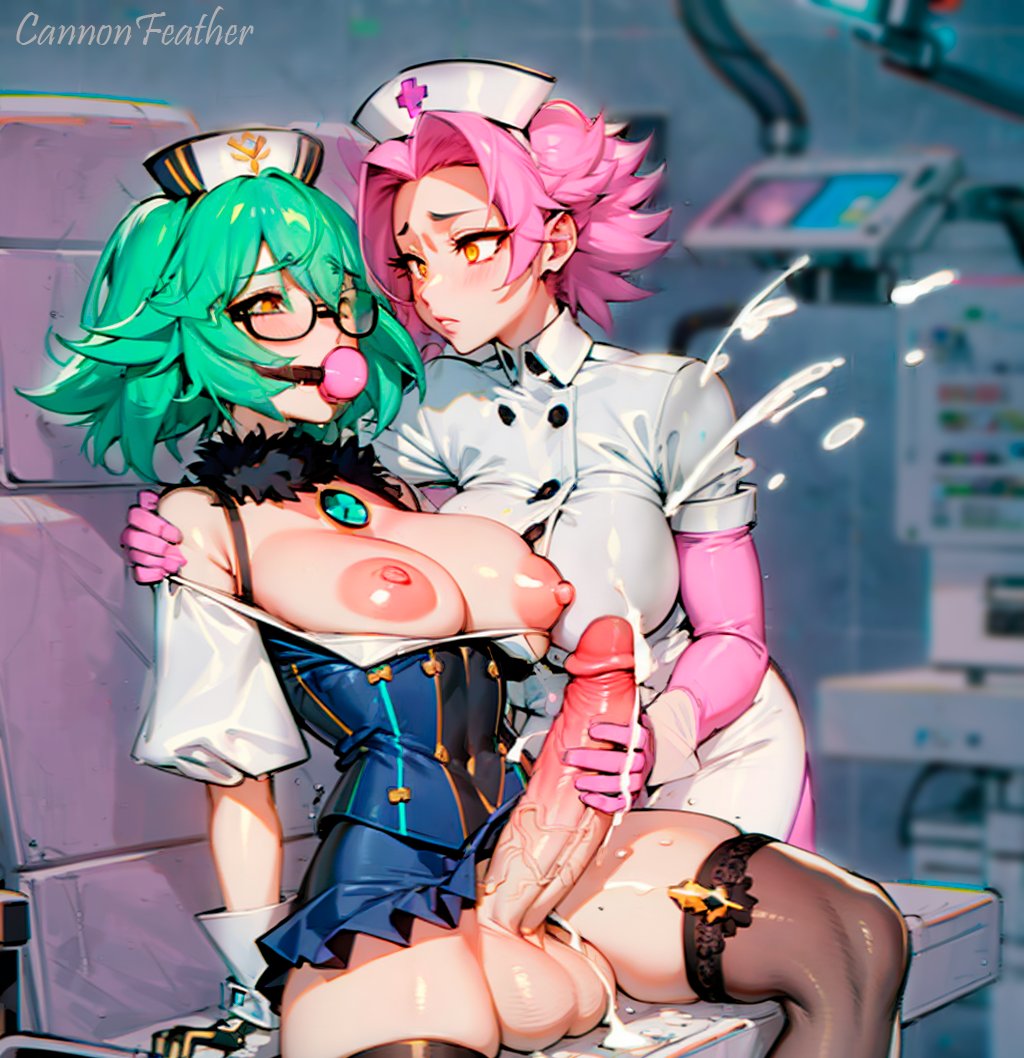 1futa, 1girls, ai generated, areolae, ball gag, balls, big breasts, big penis, breasts, cannonfeather, cum, ejaculation, exposed breasts, female, futanari, genshin impact, gloves, handjob, intersex, mouth gag, nipples, nurse, penis, sucrose (genshin impact), testicles, thick thighs, thighs, uncensored
