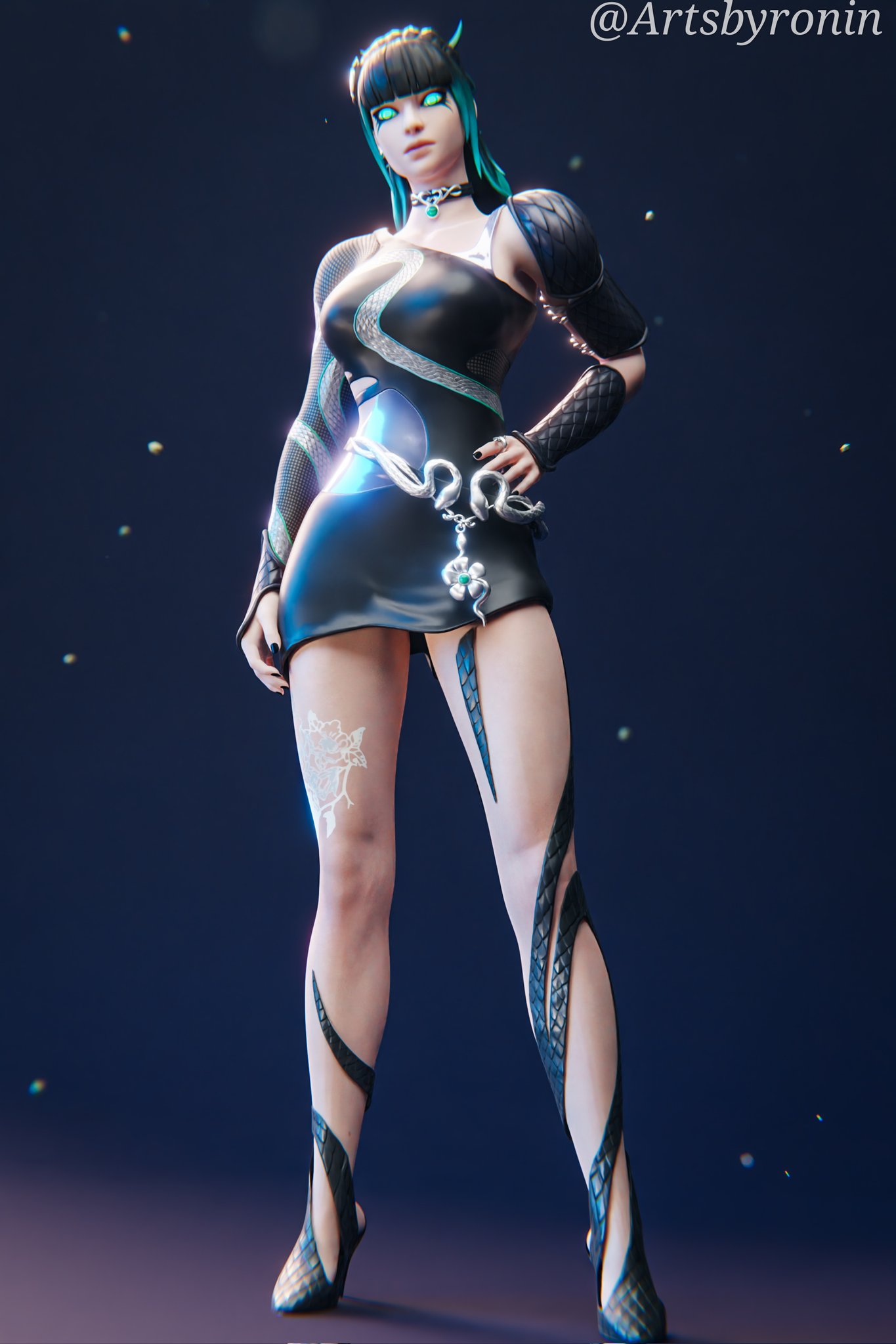 1girls 3d artsbyronin athletic athletic_female blender bottomwear charlotte_(fortnite) clothed clothing dress epic_games female female_focus female_only fortnite glowing glowing_eyes hand_on_hip leg_tattoo light-skinned_female light_skin looking_at_viewer multicolored_hair necklace pose posing simple_background slayer_charlotte_(fortnite) solo solo_female solo_focus standing tattoo thick_thighs topwear two_tone_hair watermark