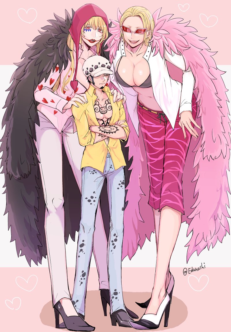 1boy 2girls big_breasts black_bra blonde_hair bra chullo cleavage clown_makeup coif donquixote_doflamingo donquixote_rosinante eda_nashi facepaint feather_coat female full_body fully_clothed genderswap_(mtf) hat headwear height_difference high_heels jacket_on_shoulders lipstick long_hair long_sideburns makeup male mini_giantess one_piece open_shirt red-tinted_eyewear red_lipstick rule_63 short_hair shorter_male siblings sisters size_difference smile standing sunglasses taller_girl tinted_eyewear trafalgar_law