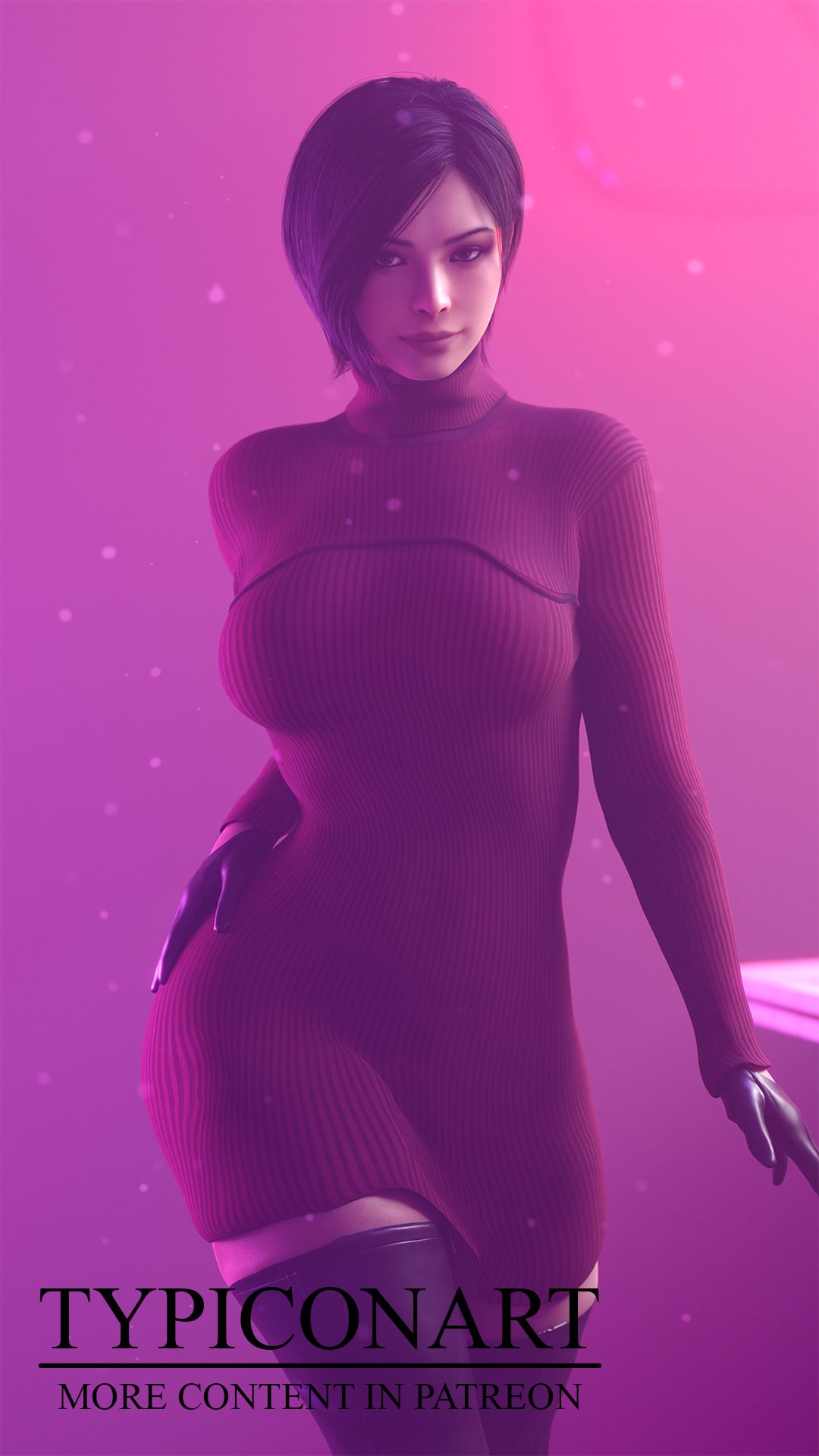 1girls, 3d, 3d (artwork), ada wong, biohazard, black gloves, blender, blender (software), blender cycles, boots, capcom, clothed, dress, female, female only, fully clothed, gloves, half gloves, leather gloves, naughty face, resident evil, resident evil 4, resident evil 4 remake, self upload, smile, solo, solo female, sweater, sweater dress, tight clothing, tights, typiconart, walking