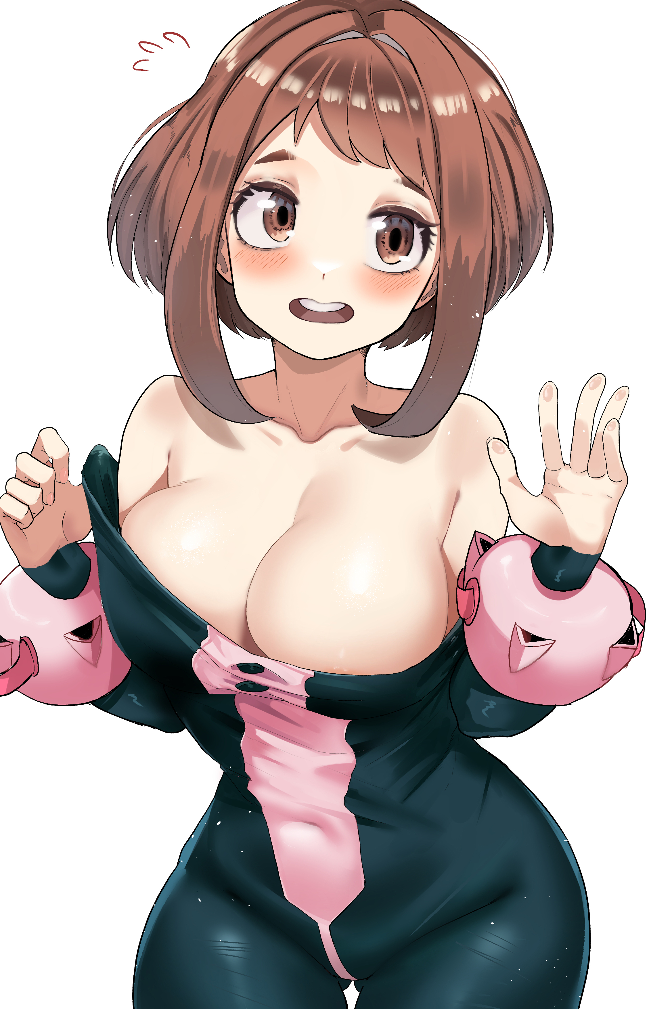 1girls, absurd res, absurdres, areola, areola slip, areolae, areolae slip, bare shoulders, big breasts, blush, blush lines, bodysuit, breast focus, breasts, breasts focus, brown eyes, brown hair, brown-haired female, busty, cleavage, cowboy shot, cute, dressing, female, female focus, female human, female only, hero outfit (mha), hi res, high resolution, highres, human, large breasts, light skin, light-skinned female, medium hair, my hero academia, ochako uraraka, ochako uraraka (hero outfit), open mouth, shounen jump, sidelocks, simple background, slim waist, smile, smiling, solo, solo female, solo focus, superhero costume, superheroine, swept bangs, teenage female, teenager, thigh gap, undressing, uraraka ochako, white background, wide hips, zd (pixiv6210083)
