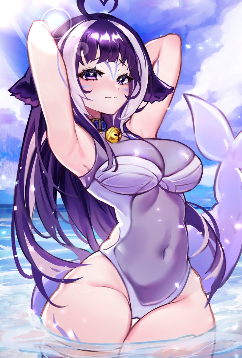 1girls ahoge armpits arms_up bell blue_neckwear blue_tattoo blush cameltoe cat_bell chussy clothed clothing cloud clouds collar digital_media_(artwork) facial_markings female female_focus female_only glowing_hair hanging_breasts heart-shaped_pupils in_water indie_virtual_youtuber light-skinned_female light_skin long_hair looking_at_viewer midriff navel ocean orca_girl orca_tail orcat owo purple_eyes purple_hair shiny_hair shylily sky slim_waist solo sun sunflare swimsuit swimwear symbol-shaped_pupils tail tattoo thick_thighs translucent_clothing virtual_youtuber vtuber water water_splash wide_hips woppu_(woppuru)