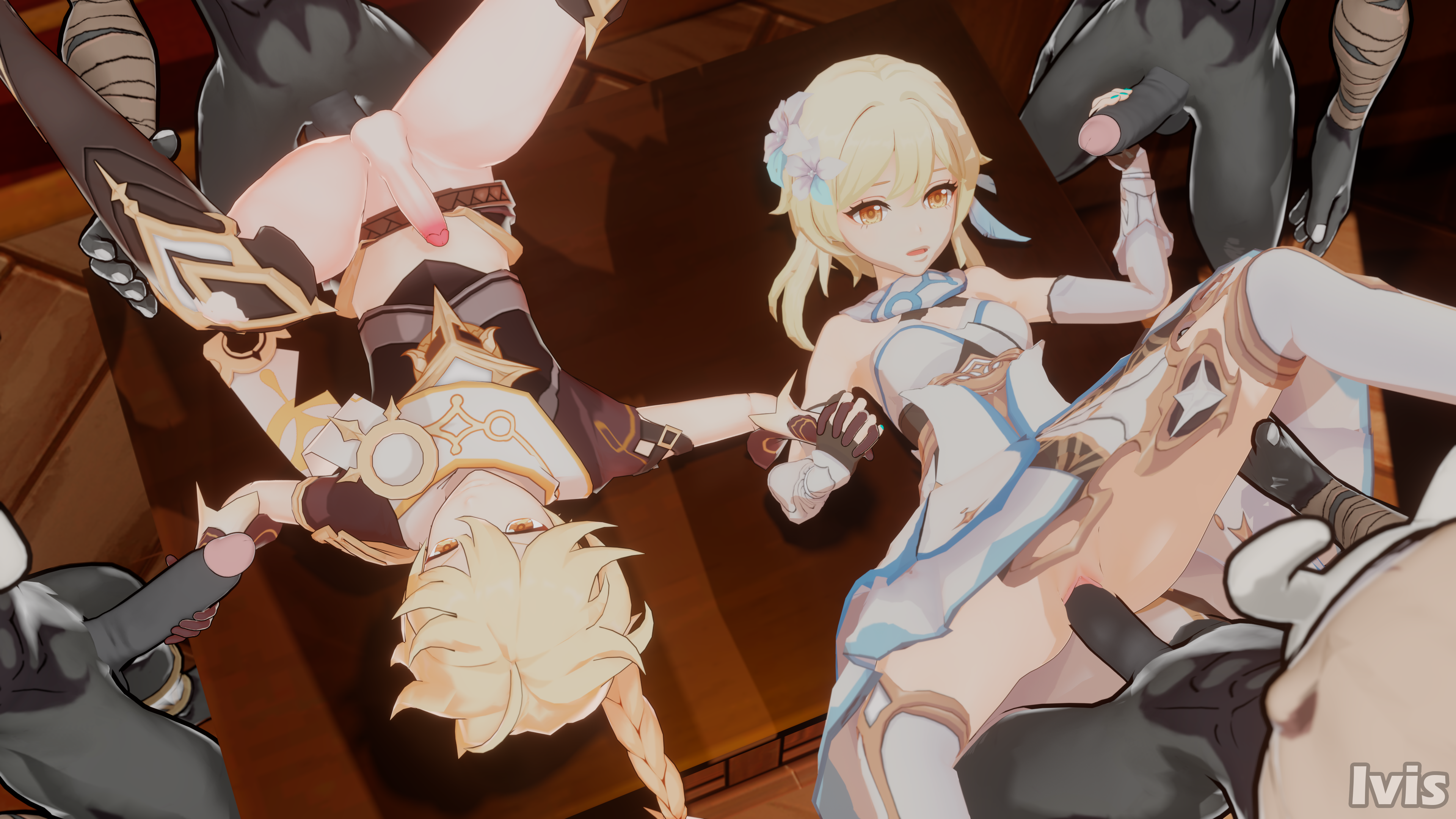 1girls, 3d, aether (genshin impact), anal, anal sex, bisexual male, blender, blonde hair, both sexes in same situation, clothed, erection, female, female supporting yaoi, gangbang, genshin impact, group, group sex, hand holding, hilichurls (species), holding hands, lumine (genshin impact), male, pussy, sex, spread legs, vaginal penetration, vaginal sex, yaoi