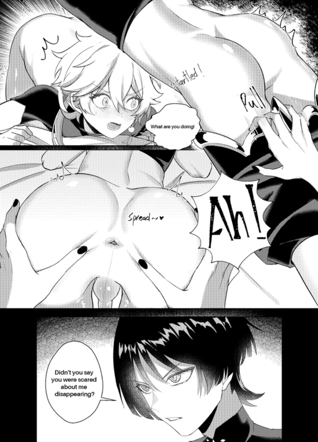 aether (genshin impact), ass, ass grab, black and white, dominant male, english text, femboy, genshin impact, long hair, male, male focus, male only, manga, scaramouche (genshin impact), shocked, submissive male, yaoi