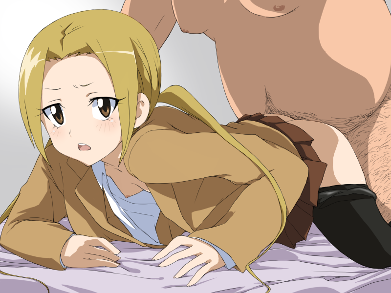 1boy 1girls age_difference ass blonde_hair clothed_sex clothing doggy_style fat_man flat_chest hagimura_suzu older_male older_man_and_teenage_girl open_clothes open_mouth open_shirt pantyhose pantyhose_pull school_uniform schoolgirl seitokai_yakuindomo sex shirt skirt small_breasts straight ta_(tama20150125) teenage_girl teenager younger_female