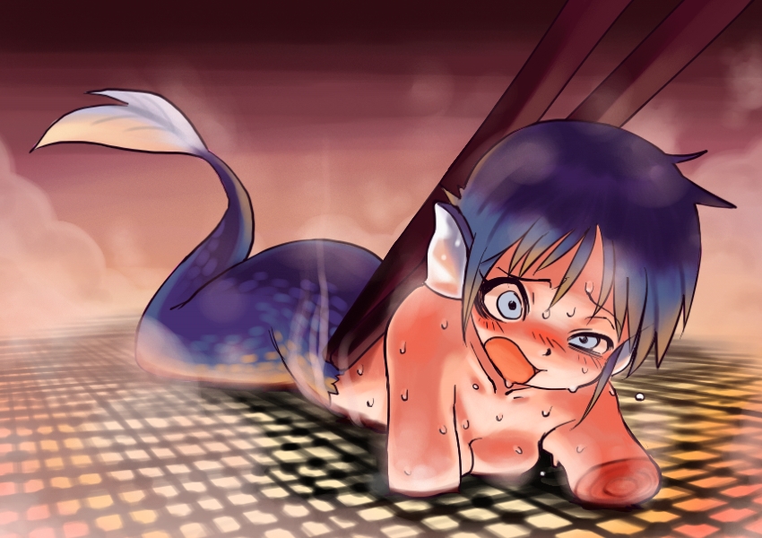 affront_to_nature amputation amputee artist_request blue_eyes blue_hair blush breasts cooked_alive cooking_vore fried_shrimp gore guro mermaid nude oyatsu_(mk2) pain sauce sweat topless