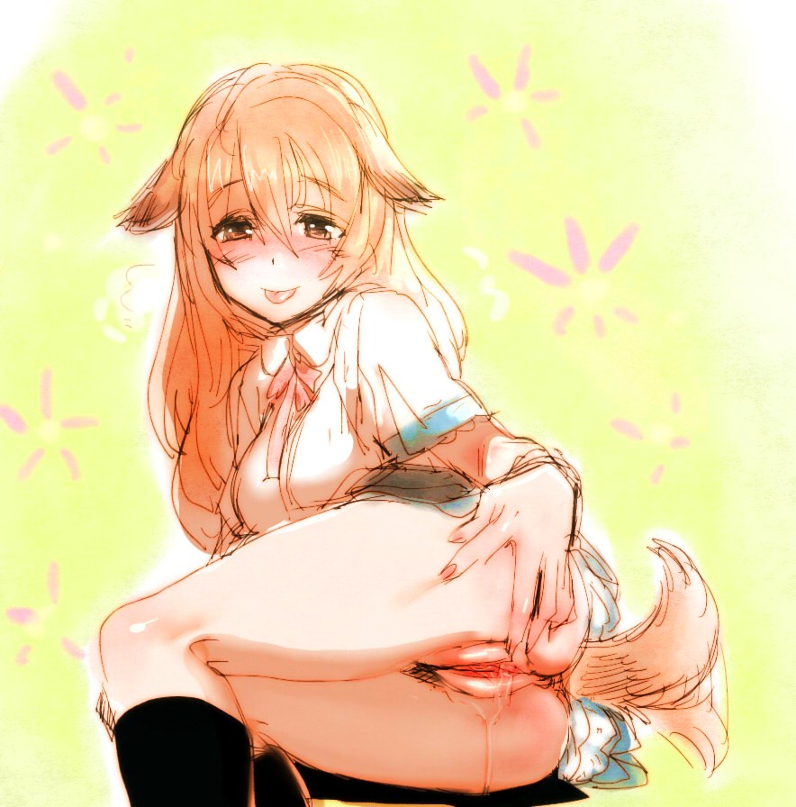 animal_ear ass backpussy bow_(artist) bow_(bhp) brown_eyes brown_hair dog_ear dog_tail face hands in_heat kneehighs long_hair lying no_panties on_side original presenting pussy pussy_juice rough school_uniform sketch skirt solo spread_pussy tail tailwag tongue uncensored