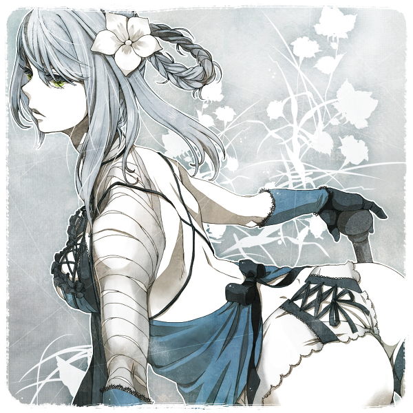 ass, elbow gloves, female, flower, frills, gloves, hair ornament, kaine (nier), lingerie, negligee, nier (series), nier replicant, panties, ribbon, short hair, silver hair, solo, underwear, white hair