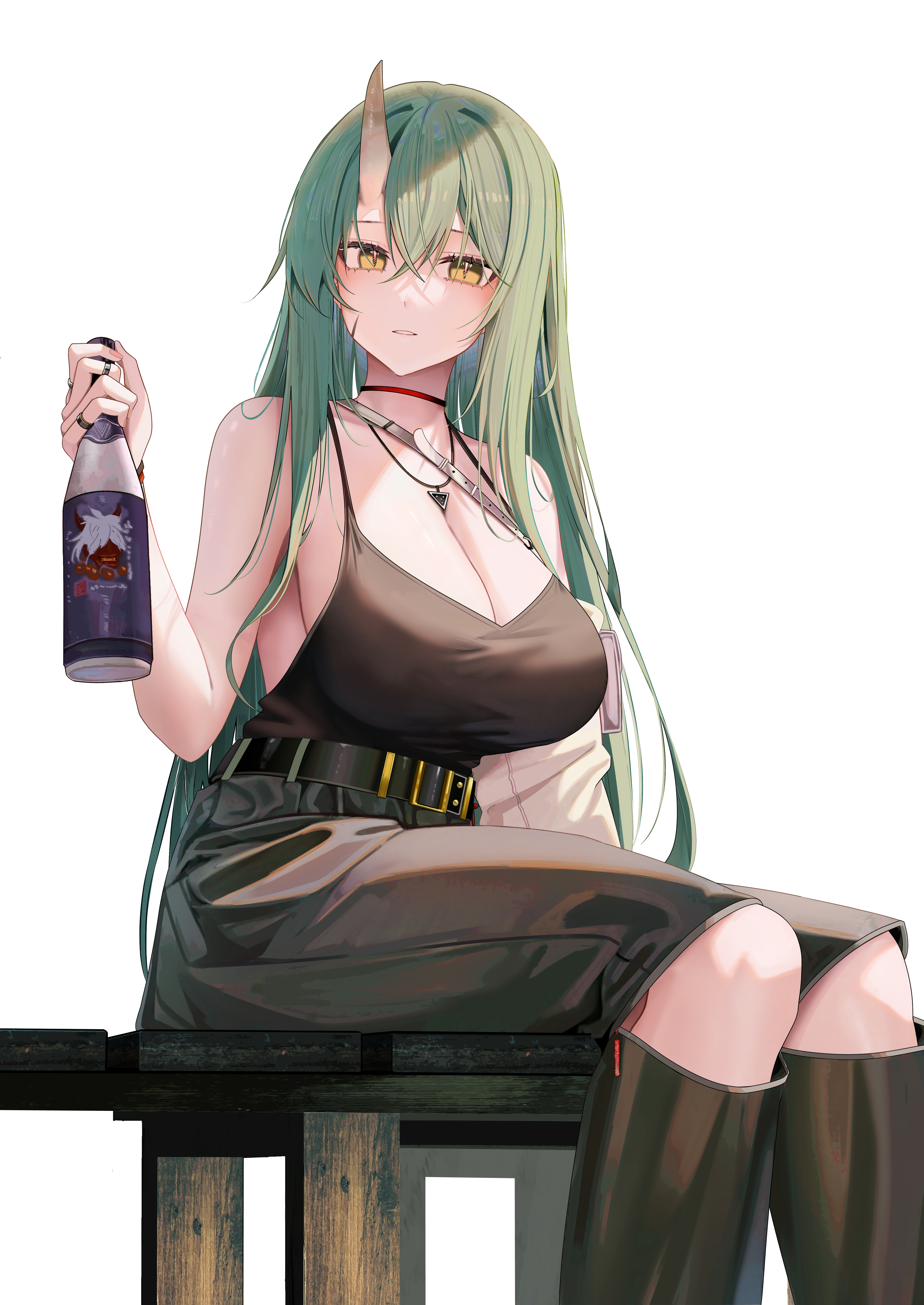 1girls, alcohol, arknights, bare shoulders, belt, big breasts, black topwear, breasts, chest, cleavage, demon, demon girl, female, female only, green hair, highres, holding bottle, hoshiguma (arknights), huge breasts, knees, large breasts, light skin, light-skinned female, long hair, looking at viewer, necklace, no bra, oni, pants, rings, ru zhai, sideboob, sitting, solo, topwear, white background, yellow eyes