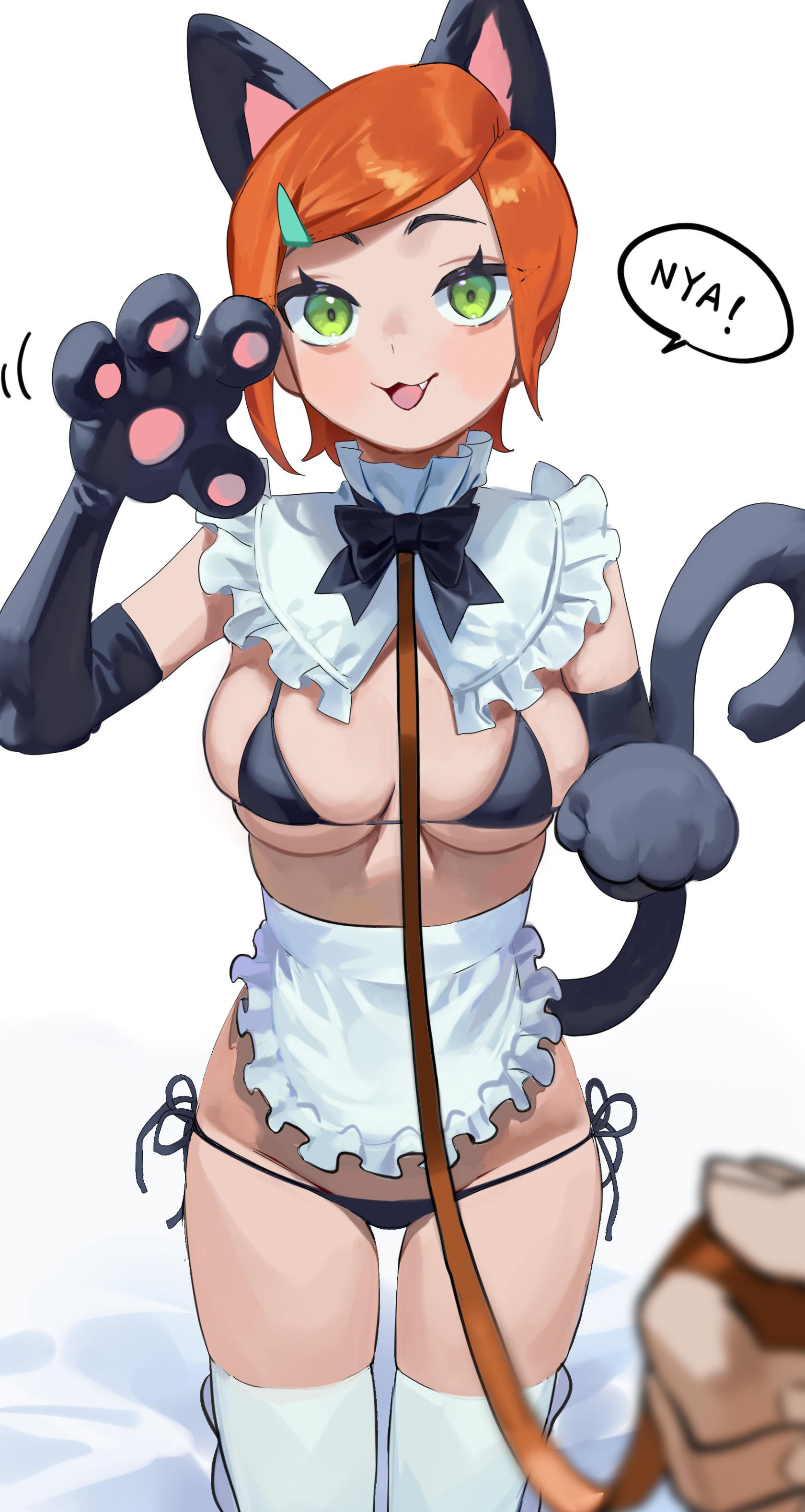 :3, 1girls, ben 10, bikini, breasts, cartoon network, cat ears, cat girl, catgirl, collar, cute, cute fang, fang, feline, female, green eyes, gwen tennyson, leash, light skin, light-skinned female, maid, maid outfit, maid uniform, medium breasts, micro bikini, nia (nia4294), nia4294, orange hair, pov, short hair, skindentation, smile, tail, thigh gap, thighhighs, thighs, viewer holding leash, young