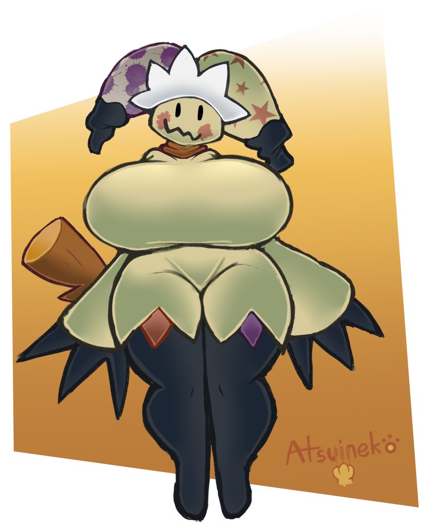 anthro atsuinekowo big_breasts breasts breasts_bigger_than_head clown female huge_breasts mimikyu pokémon_(species) pokemon tagme thick_thighs wide_hips