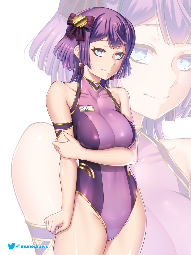 1girls, alternate costume, bernadetta von varley, breasts, closed mouth, commentary, covered navel, earrings, english commentary, etchimune, female, female only, fire emblem, fire emblem: three houses, grey eyes, hair ornament, highleg, highleg swimsuit, jewelry, looking at viewer, medium breasts, nintendo, one-piece swimsuit, post-timeskip, purple hair, purple one-piece swimsuit, purple swimsuit, short hair, smile, solo, swimsuit, twitter logo, twitter username
