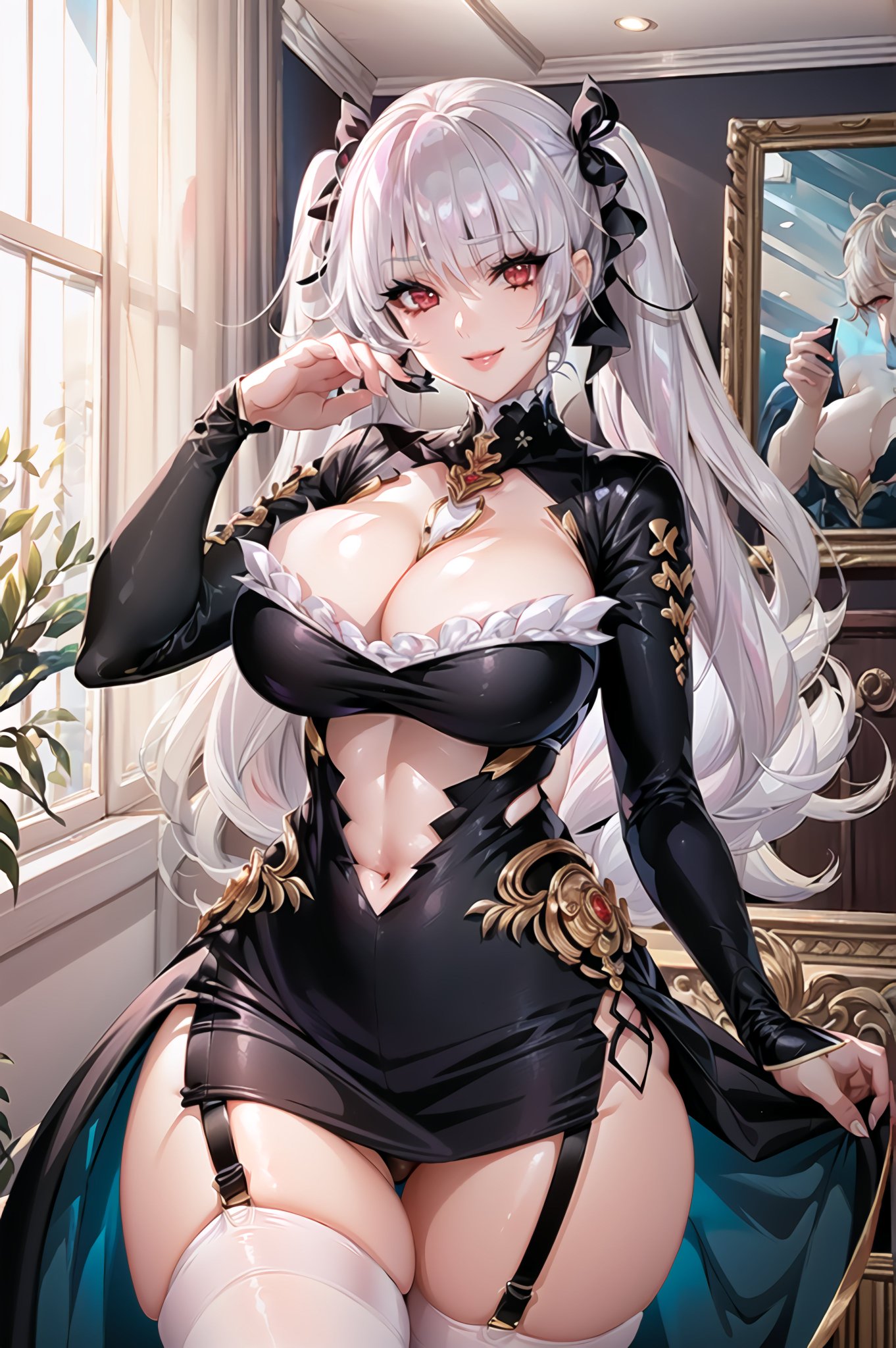 1girls, ai generated, azur lane, breasts, curvaceous, curvy body, curvy female, dress, female, female focus, female only, formidable (azur lane), highres, huge breasts, legwear, long hair, red eyes, seductive look, solo, solo female, stable diffusion, twintails, voluptuous, voluptuous female