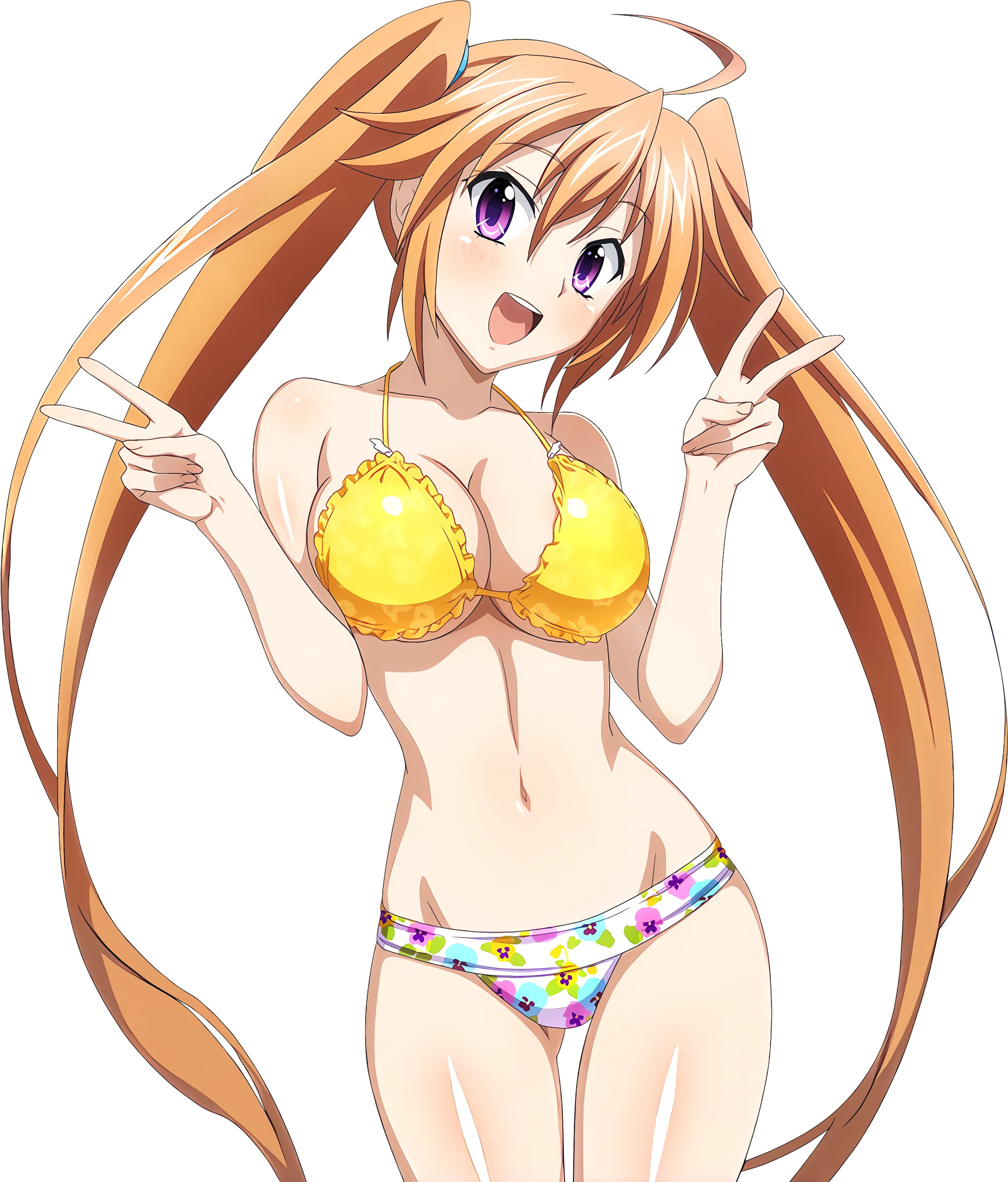 1girls, big breasts, bikini, blush, breasts, busty, cleavage, double v, female, female only, hi res, high school dxd, large breasts, legs, long hair, looking at viewer, navel, official art, open mouth, orange hair, purple eyes, shidou irina, smile, swimsuit, thighs, twintails, v, voluptuous, yellow bikini