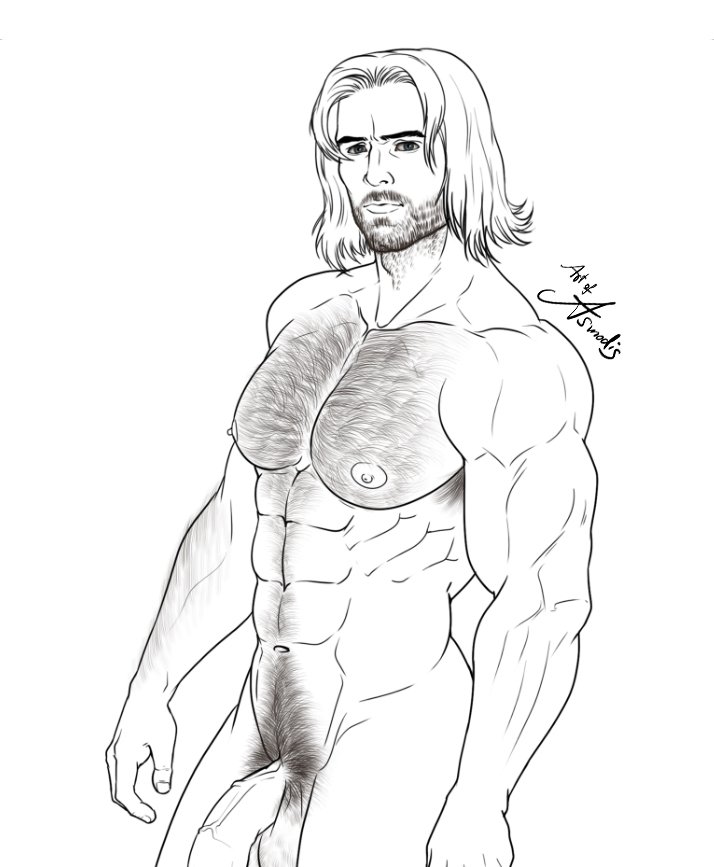 1boy asmodis_(artist) bara barazoku beard big_balls big_penis bucky_barnes gay hairy_chest hung large_penis line_art long_hair male male_only marvel marvel_cinematic_universe marvel_comics muscular muscular_male nipples nude nudity penis sebastian_stan solo treasure_trail veiny_penis