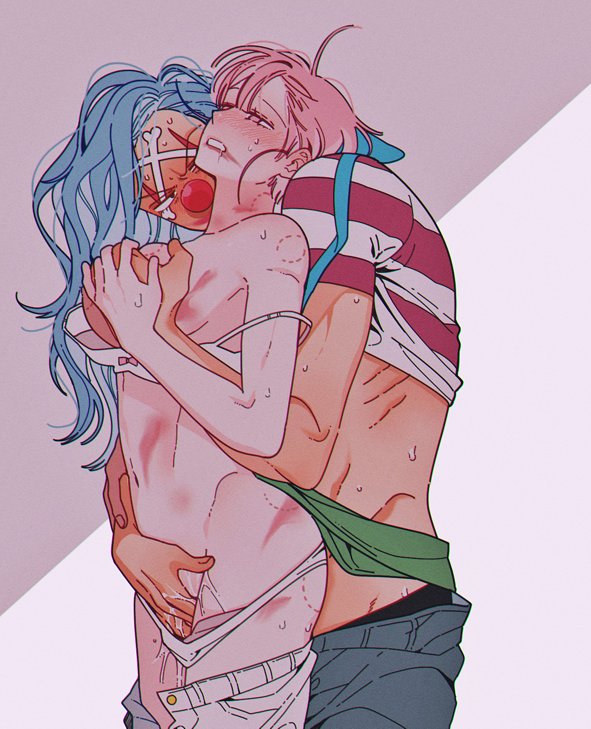 1boy, 1girls, 2d, 2d (artwork), bite mark, bite marks, blue hair, blush, bra, breast grab, breasts, buggy the clown, clown, clown makeup, clown nose, facepaint, female, finger fuck, fingering, fingering from behind, fingering partner, from behind, grabbing from behind, hair down, hair ribbon, hickey marks, implied sex, killyourdream7, lipstick, lipstick mark, long hair, long-haired male, looking at another, looking pleasured, makeup, male, male/female, off shoulder, one piece, original character, panties, panties down, pants down, pink eyes, pink hair, pussy, pussy juice, shirt up, short hair, straight, sweat, unhooked bra, very short hair, vulva handjob, white bra, white panties