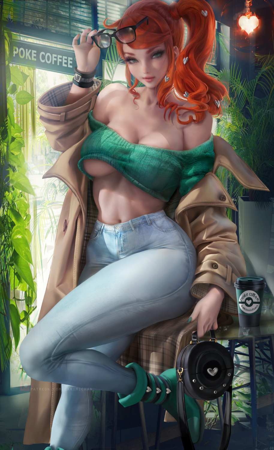 1girls, alternate breast size, ass, big ass, big breasts, breasts, female, female only, glasses, green eyes, green shirt, jeans, long hair, patreon, pokemon, pokemon ss, red hair, sakimichan, sonia (pokemon), thick thighs