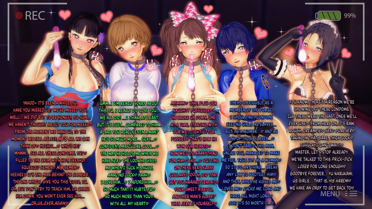3d, 5girls, amagi yukiko, big breasts, blue hair, breasts, collar, condom, english text, female, female only, filled condom, harem, heart-shaped pupils, human, kujikawa rise, marie (persona 4), multiple females, multiple girls, netorare, persona, persona 4, satonaka chie, shirogane naoto, text, v-kris