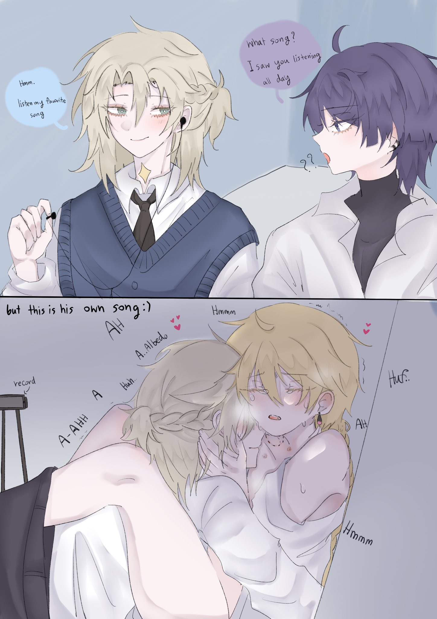 3boys, aether (genshin impact), against wall, albedo (genshin impact), bite mark, english text, gay, gay sex, genshin impact, heart, listening to moaning, male, male only, moaning, text, yaoi