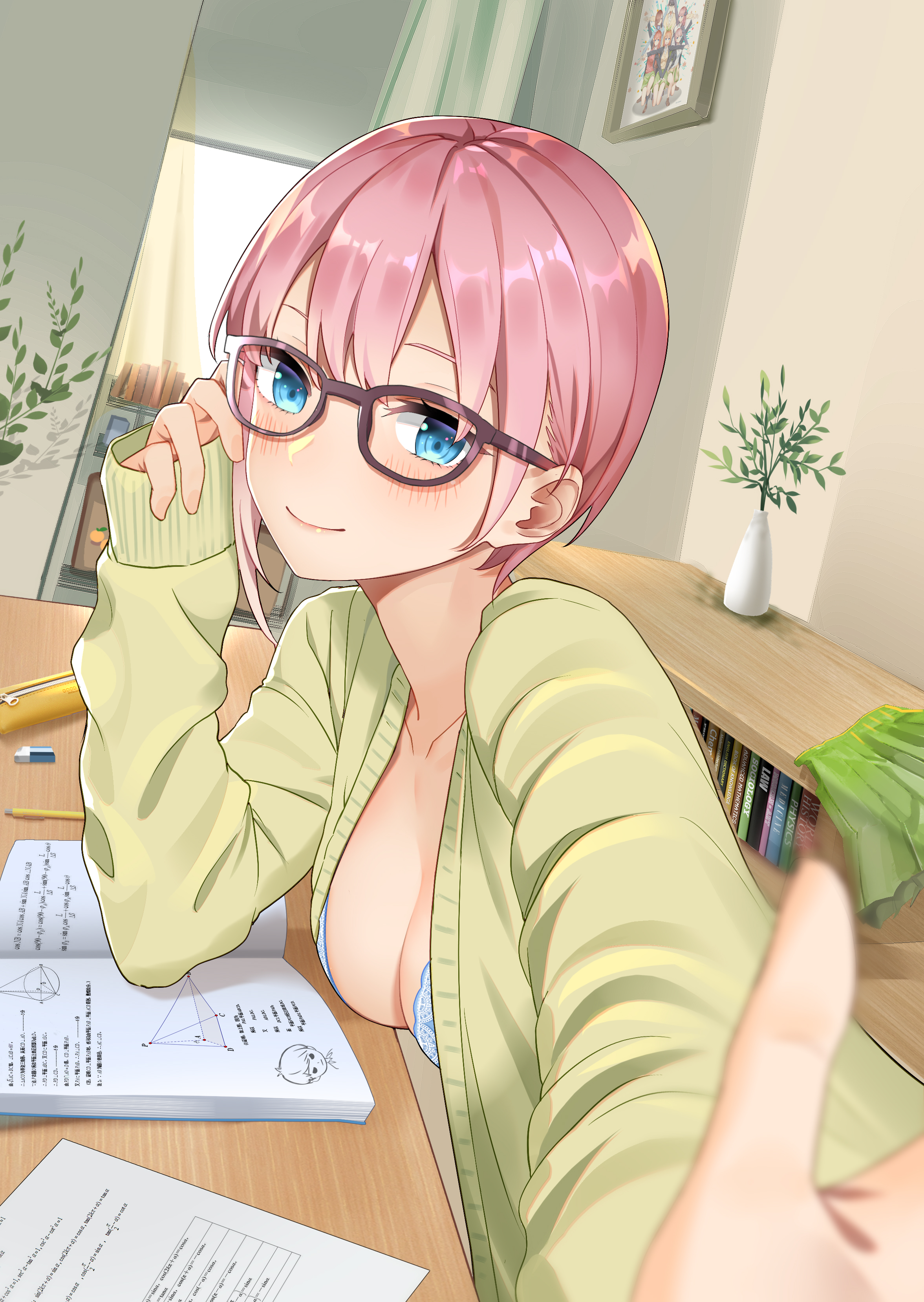 1girls, absurdres, blue eyes, blush, bra, breasts, cleavage, female, female focus, glasses, go-toubun no hanayome, highres, kongbai, looking at viewer, medium breasts, nakano ichika, pink hair, selfie, short hair, sitting, sleeveless, smile, solo, underwear