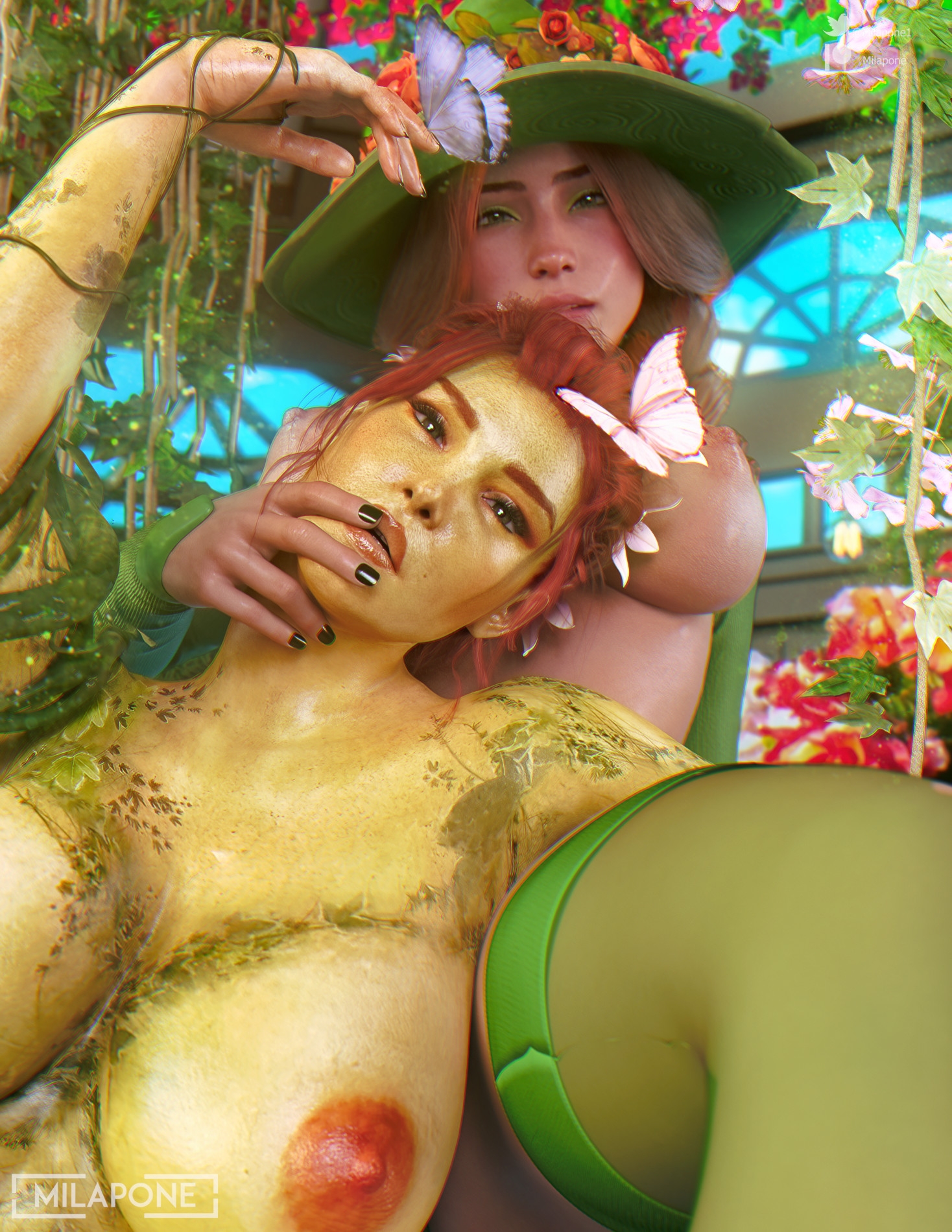 2girls, 3d, areolae, ass, batman (series), batman: arkham knight, big ass, big breasts, black nail polish, breasts, busty, crossover, dc, dc comics, female, female focus, female only, flowers in hair, green eyes, green skin, green-skinned female, harry potter, highres, hogwarts legacy, hogwarts professor, hourglass figure, large breasts, long hair, makeup, milapone, mirabel garlick, nail polish, navel, nipples, nude, pamela isley, plants, poison ivy, poison ivy (arkham knight), poison ivy (arkham), pubic hair, public, red hair, tagme, teacher, thick thighs, twin braids, twintails, vines, wide hips, witch (harry potter), witch hat, yuri