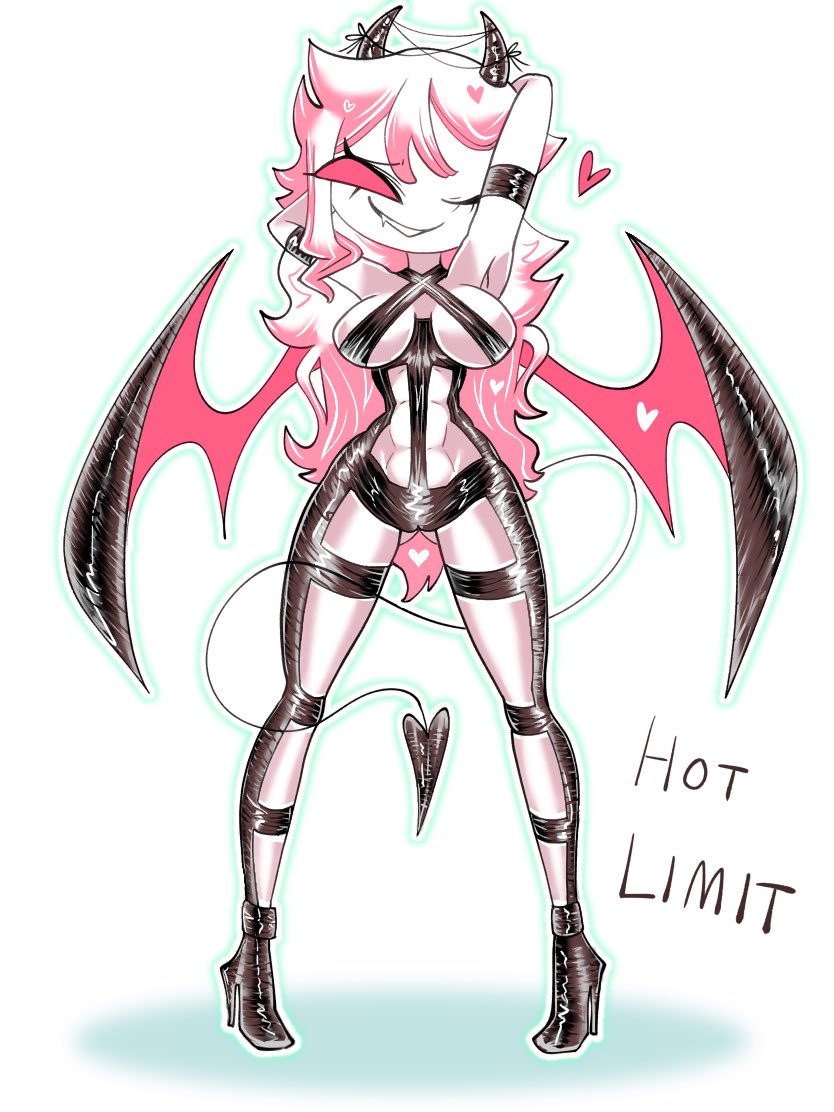 1girls, black horns, breasts, female, female only, friday night funkin, heart, horns, looking at viewer, medium breasts, monpopo358, pink body, pink hair, red eyes, sarvente, sarvente (dokki.doodlez), sarvente (friday night funkin), solo, tagme, wings, wink, winking, winking at viewer