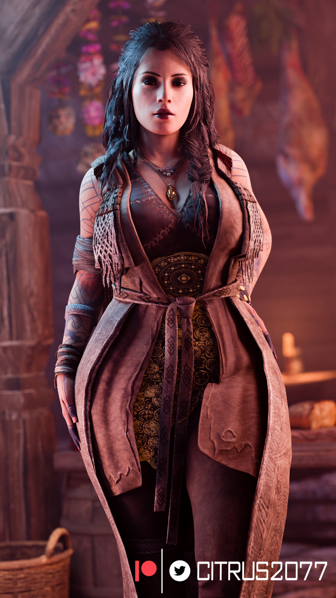 1girls, 3d, alternate version available, arm tattoo, big breasts, breasts, brown hair, citrus2077, cleavage, clothed, clothing, female, female only, finger tattoo, freya (god of war), god of war, god of war ragnarok, hand tattoo, large breasts, mature female, milf, mother, necklace, norse mythology, santa monica studio, solo, solo female, sony corporation, sony interactive entertainment, tattoo, vanir (norse mythology)