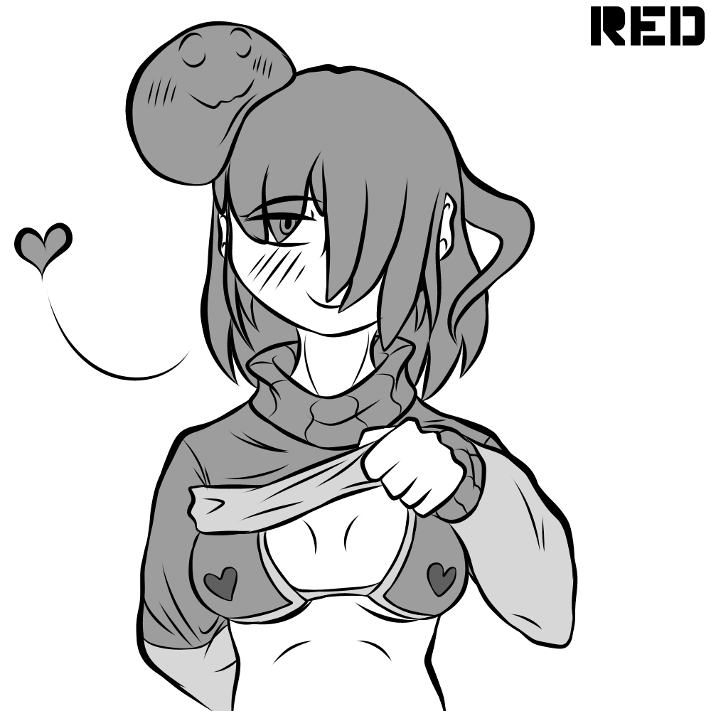 1girls 2d akumu_(glitchtale) bedroom_eyes bete_noire black_and_white bra bra_peek camila_cuevas closed_eyes female female_only glitchtale heart hearts_around_body lifting_shirt no_color redsinner19 seductive seductive_look showing_breasts smile smiling_at_viewer sweater undertale undertale_(series) undertale_au undertale_fanfiction